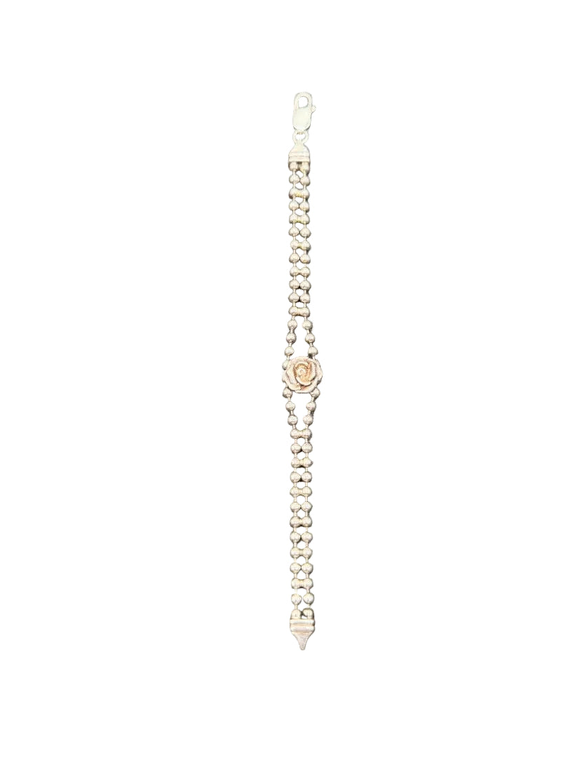 1960s Sterling Silver Double Ball Chain Bracelet with Carved Rose Centerpiece