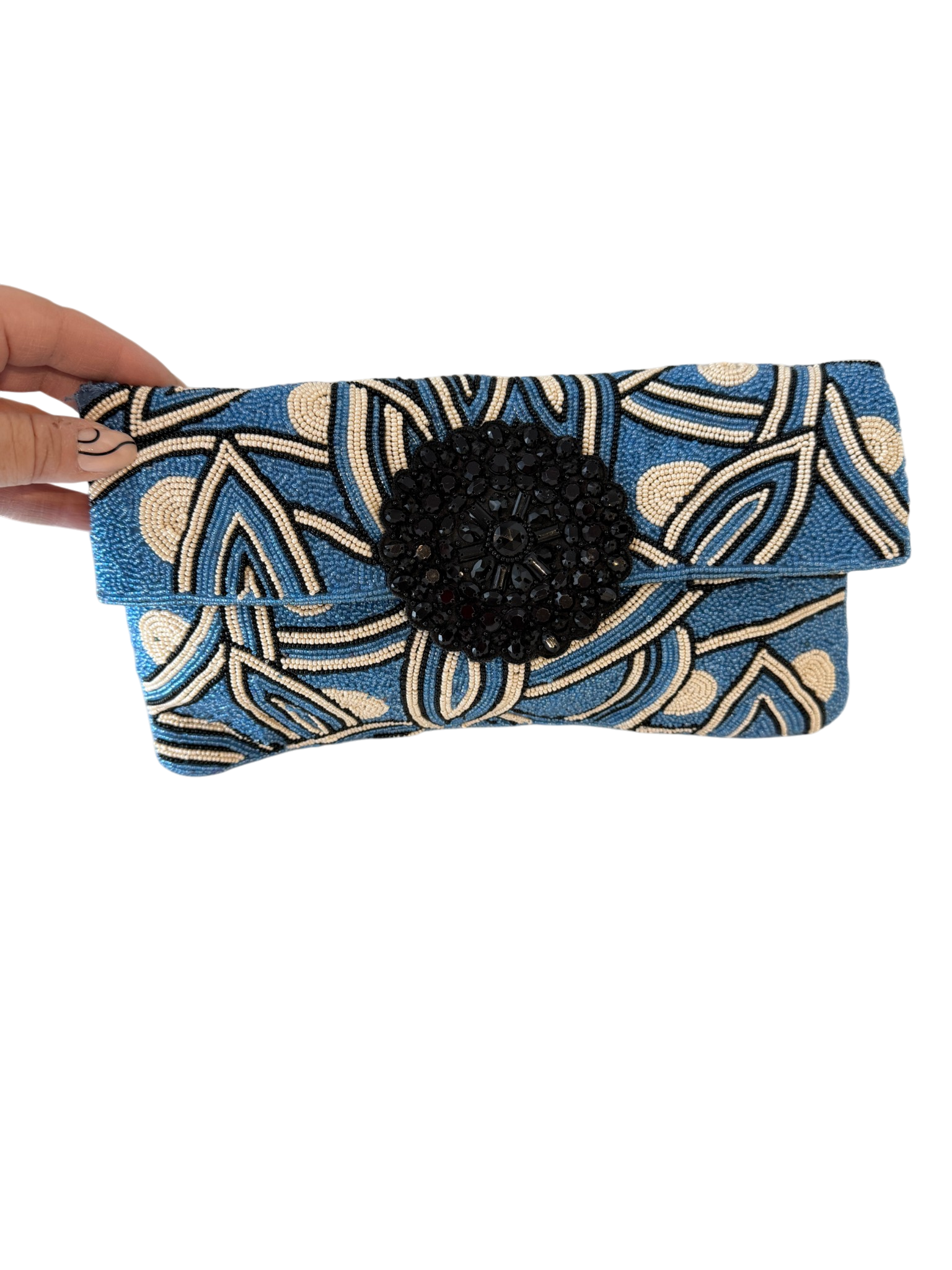Roberta Freymann Blue &amp; White Beaded Flap Clutch with Black Medallion