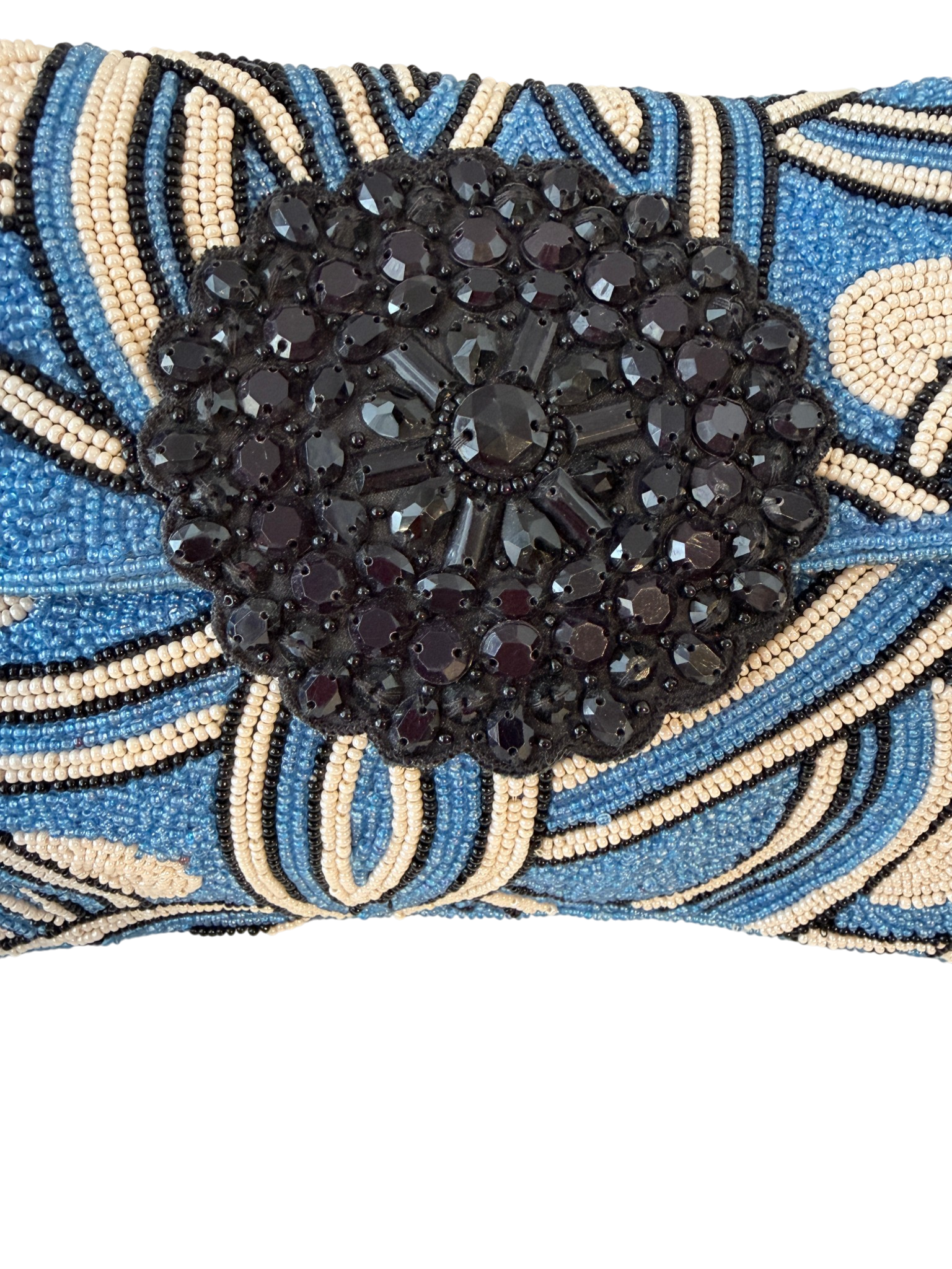Roberta Freymann Blue &amp; White Beaded Flap Clutch with Black Medallion