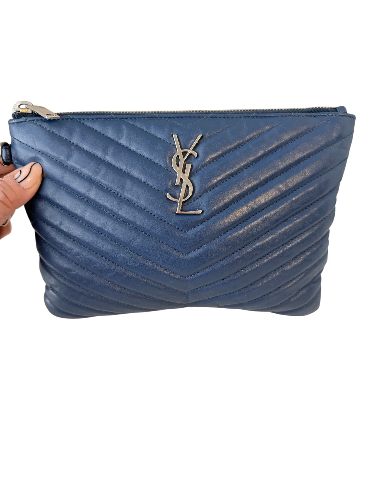 2018 Yves Saint Laurent Blue Chevron Cassandre Clutch with Silver Logo
