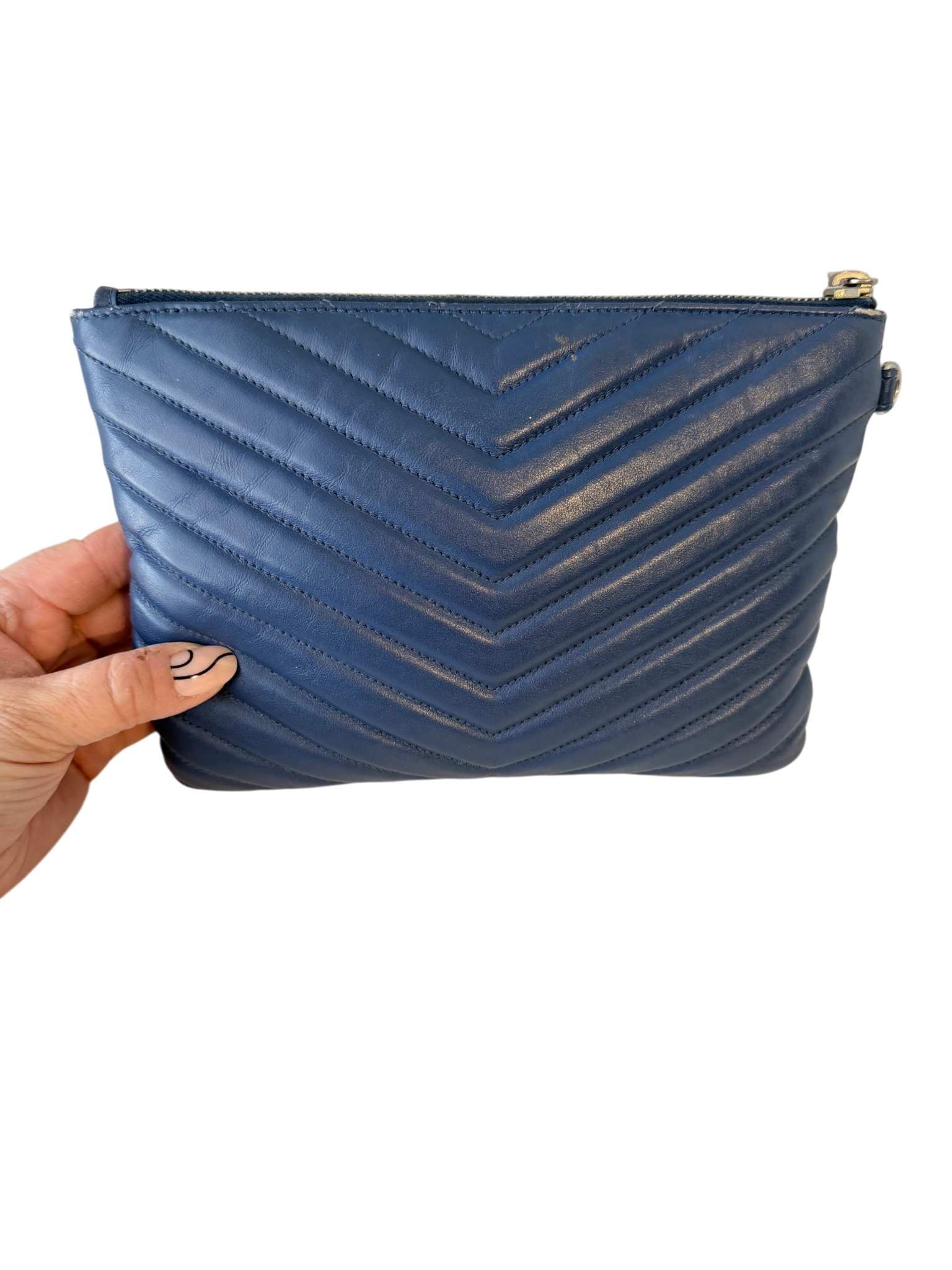 2018 Yves Saint Laurent Blue Chevron Cassandre Clutch with Silver Logo