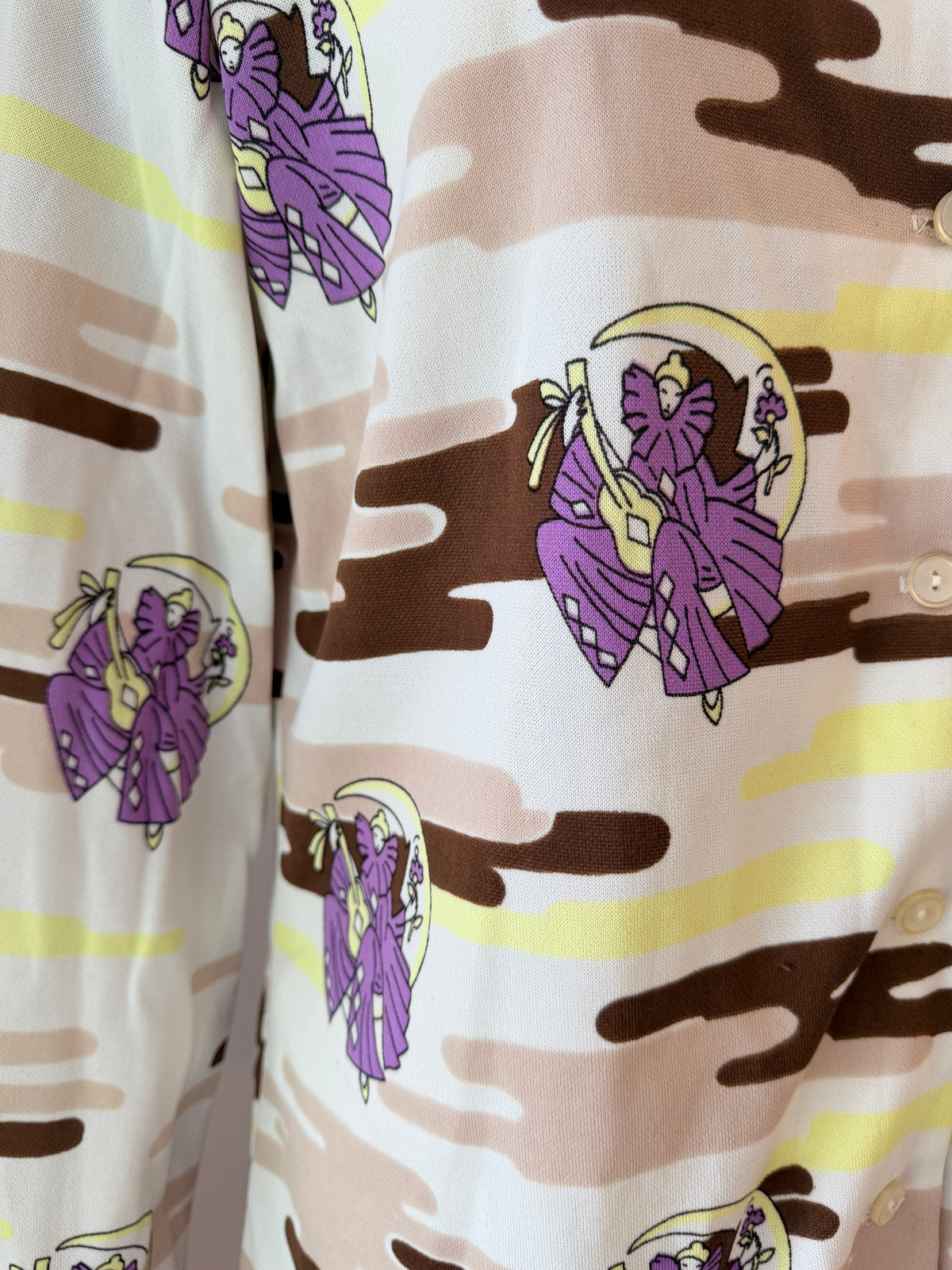 1970s Pierrot Novelty Print Button-Front Blouse with Dagger Collar