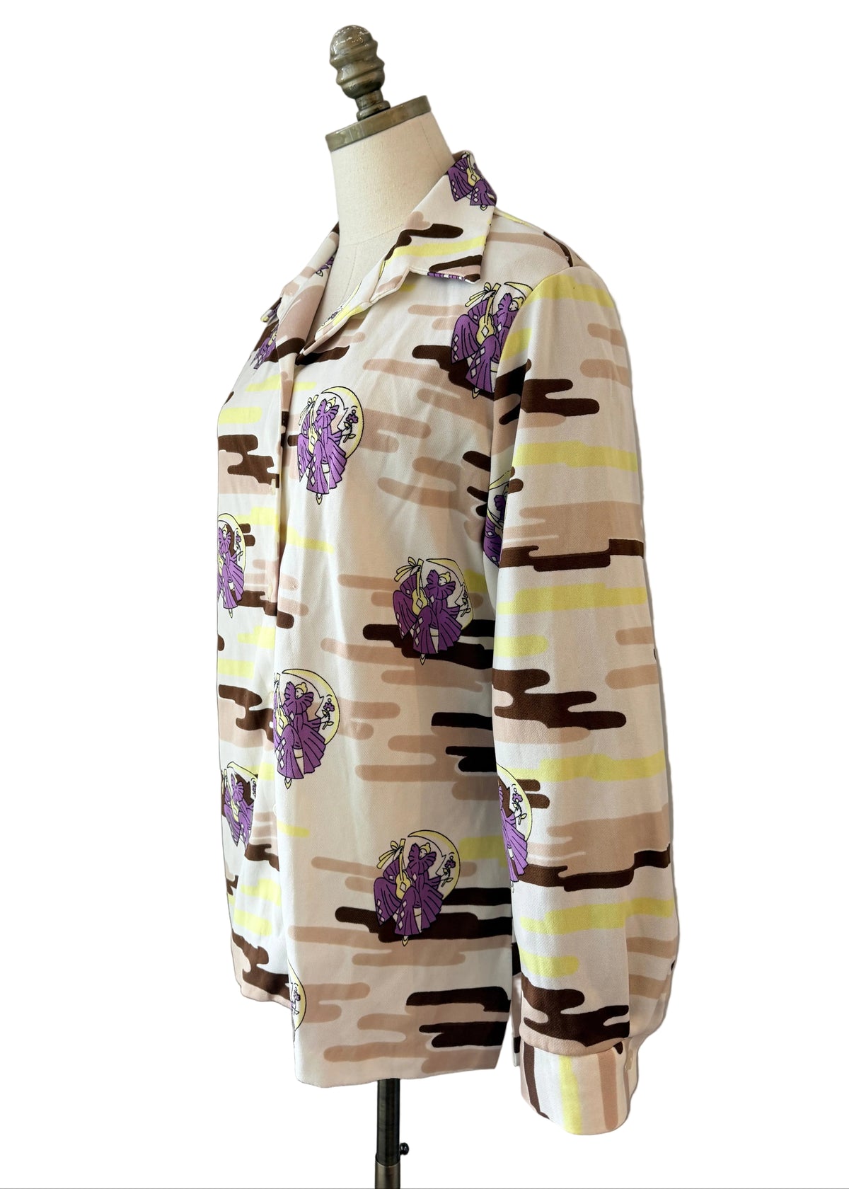 1970s Pierrot Novelty Print Button-Front Blouse with Dagger Collar