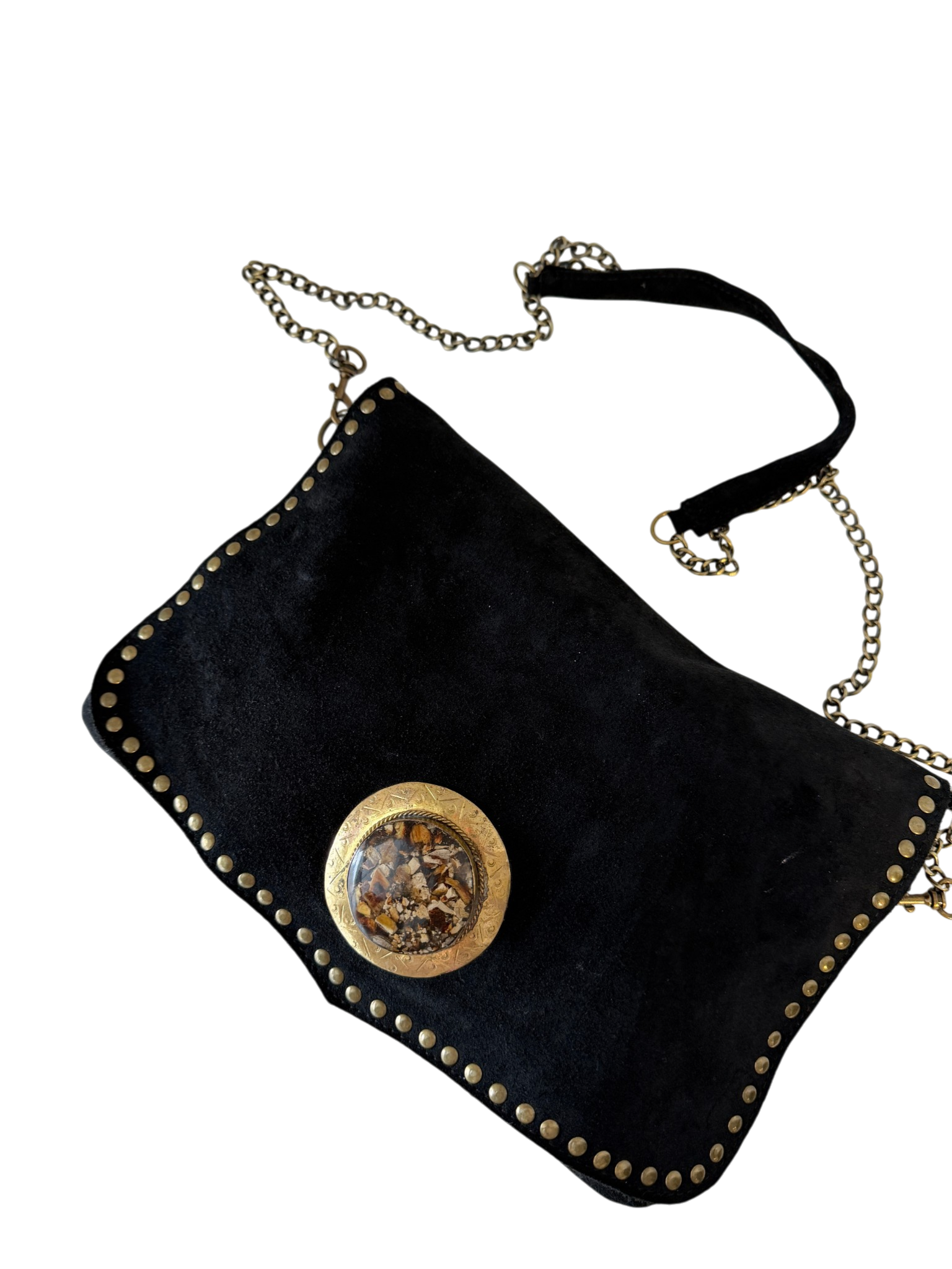 Black Suede Messenger Bag with Brass Studs and Dendritic Jasper Medallion
