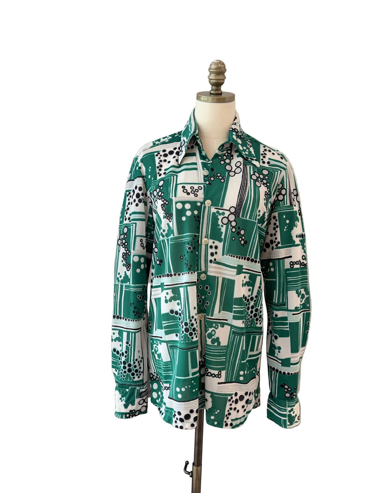 1970s Geoffrey Beene Geometric Bubble Cluster Print Button-Front Blouse with Dagger Collar