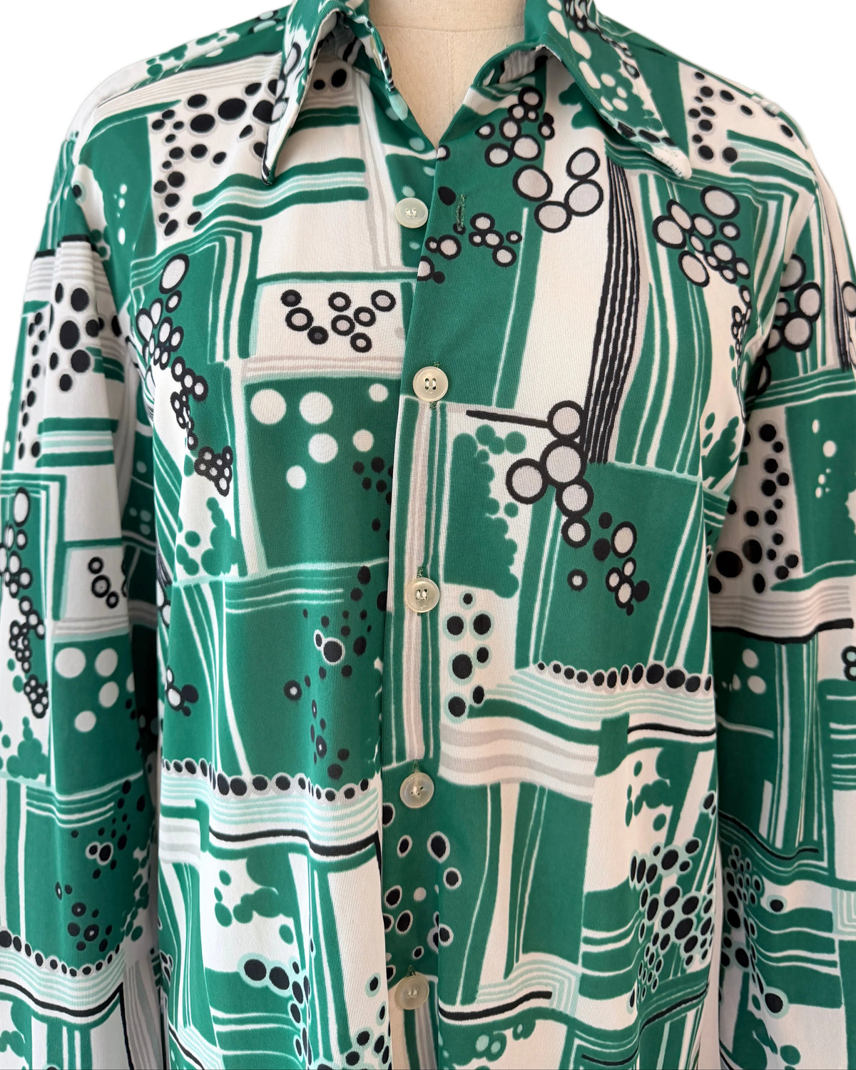 1970s Geoffrey Beene Geometric Bubble Cluster Print Button-Front Blouse with Dagger Collar