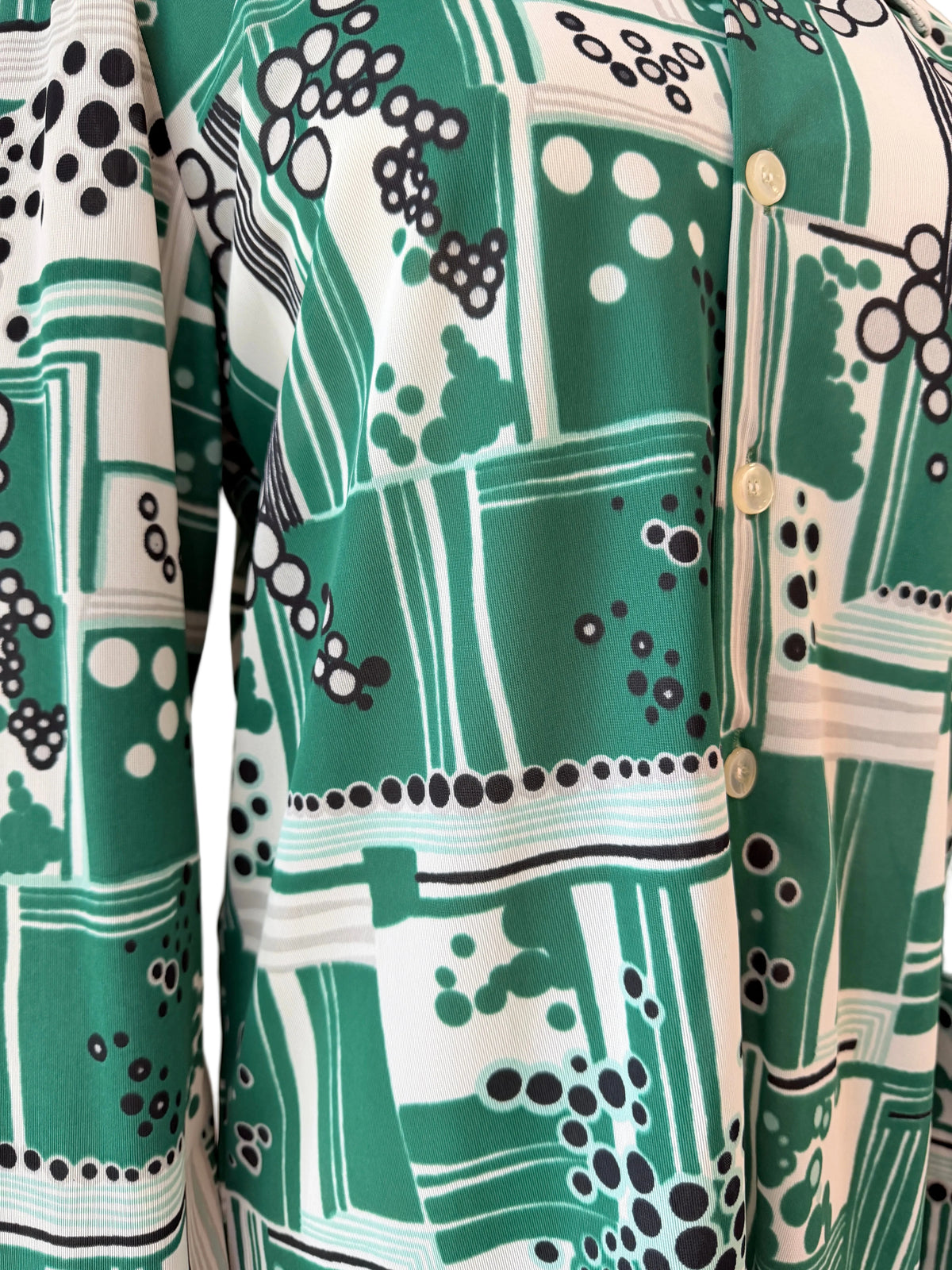 1970s Geoffrey Beene Geometric Bubble Cluster Print Button-Front Blouse with Dagger Collar