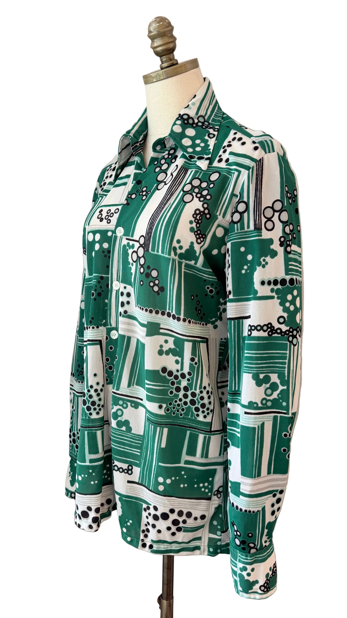 1970s Geoffrey Beene Geometric Bubble Cluster Print Button-Front Blouse with Dagger Collar