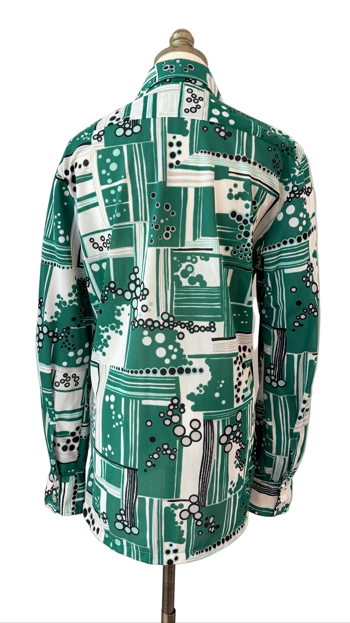 1970s Geoffrey Beene Geometric Bubble Cluster Print Button-Front Blouse with Dagger Collar