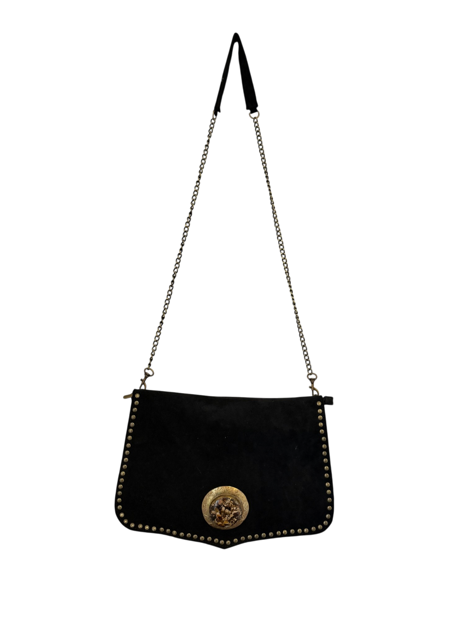 Black Suede Messenger Bag with Brass Studs and Dendritic Jasper Medallion