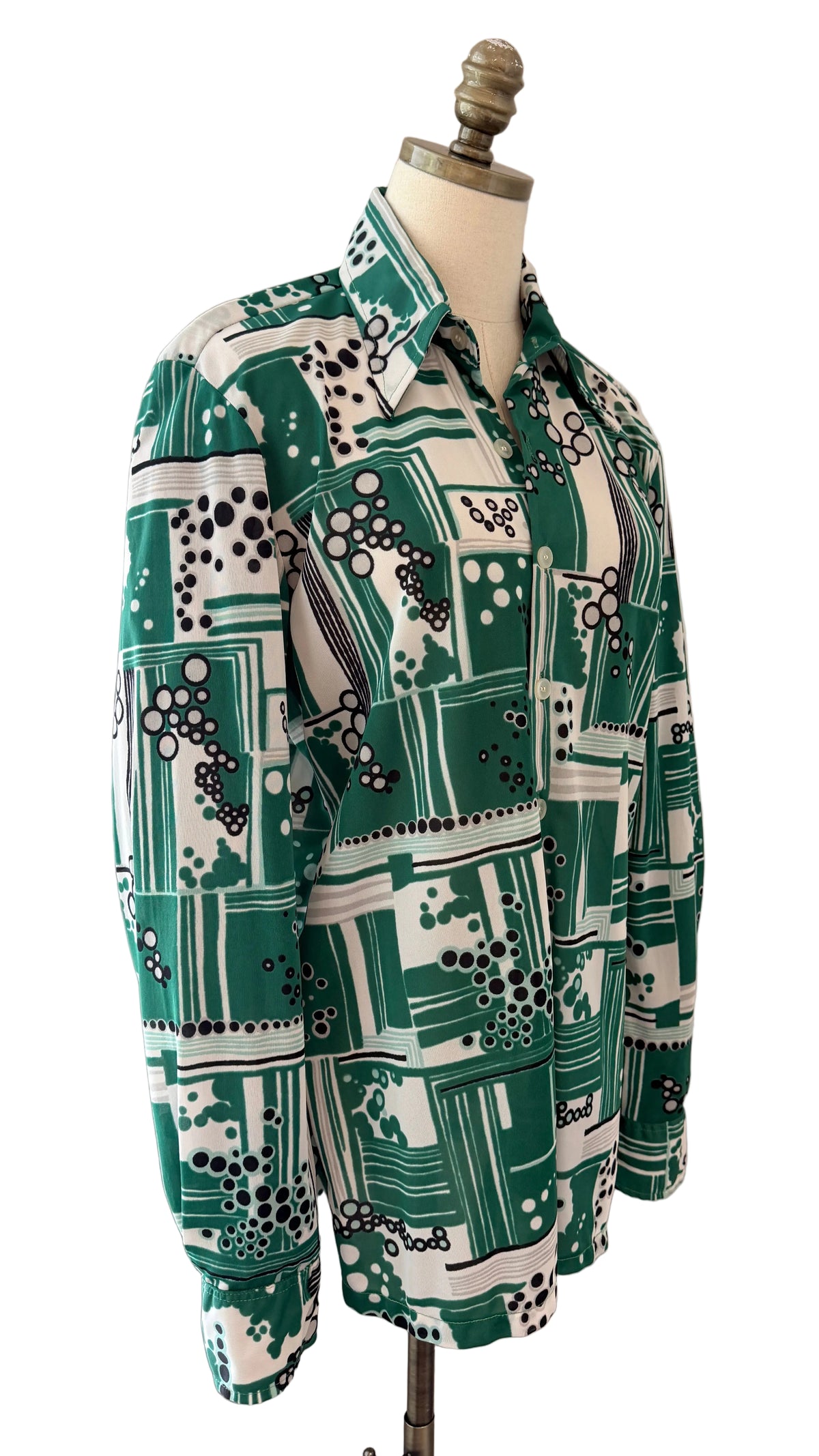 1970s Geoffrey Beene Geometric Bubble Cluster Print Button-Front Blouse with Dagger Collar