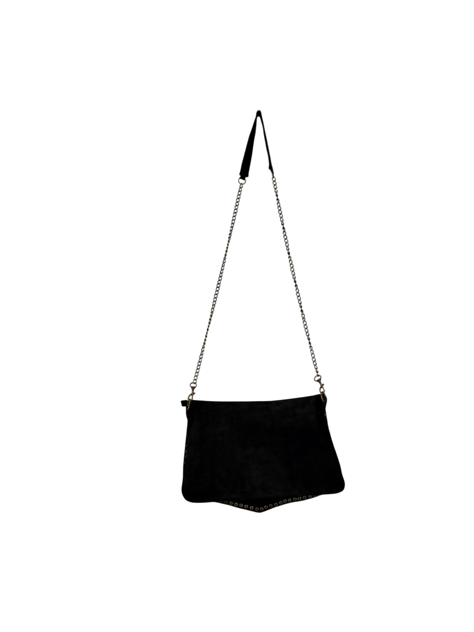 Black Suede Messenger Bag with Brass Studs and Dendritic Jasper Medallion