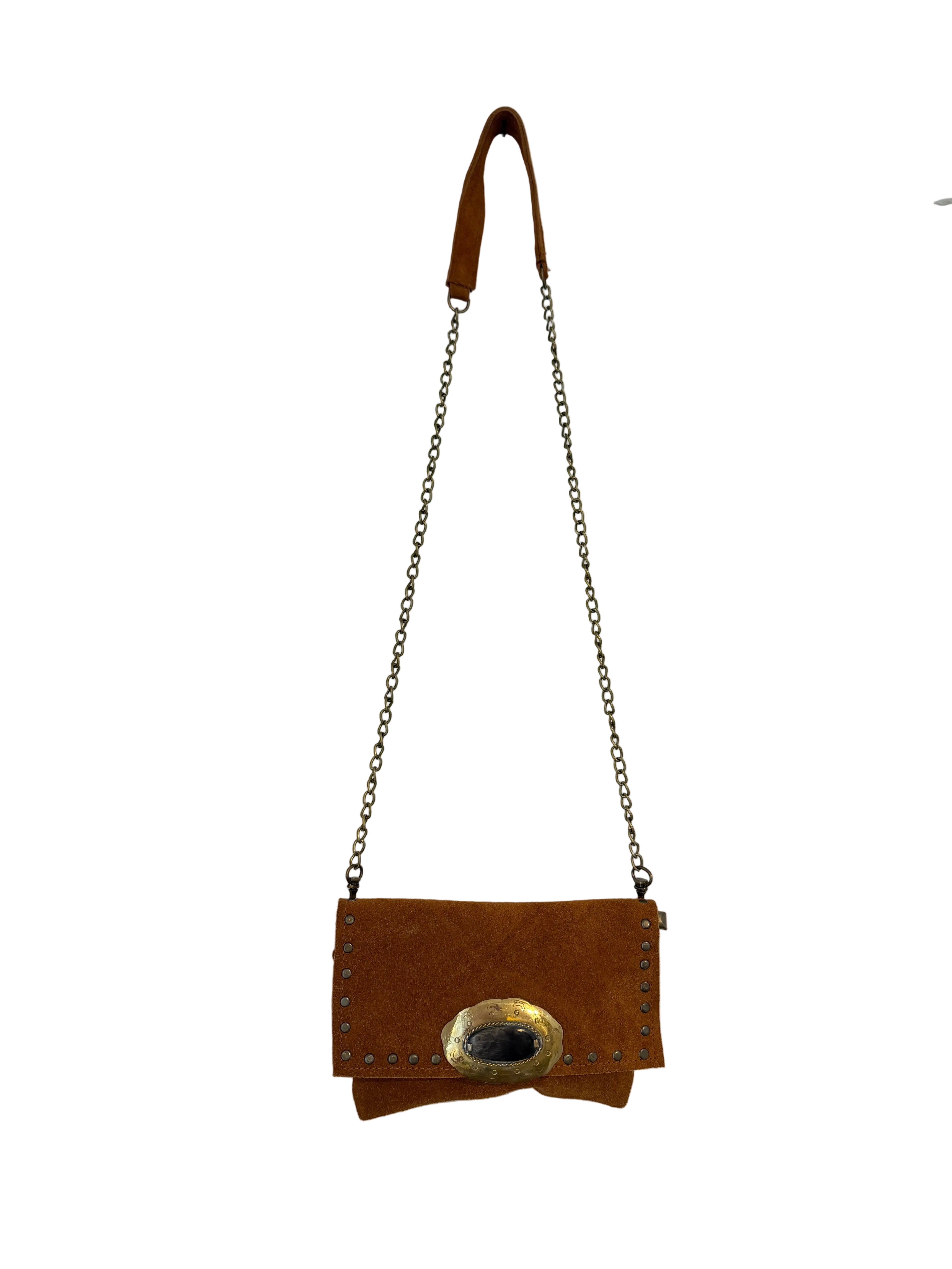 Mini Brown Suede Messenger Bag with Studs and Horn Medallion