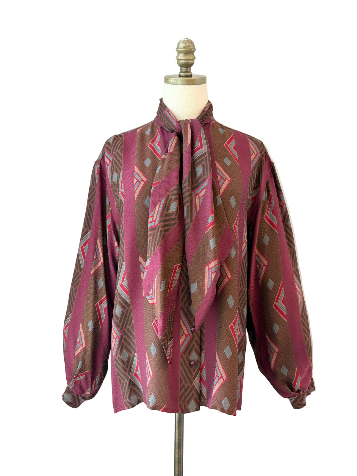 1970s Burgundy Geometric Print Silk Crepe Button-Front Blouse with Neck Tie