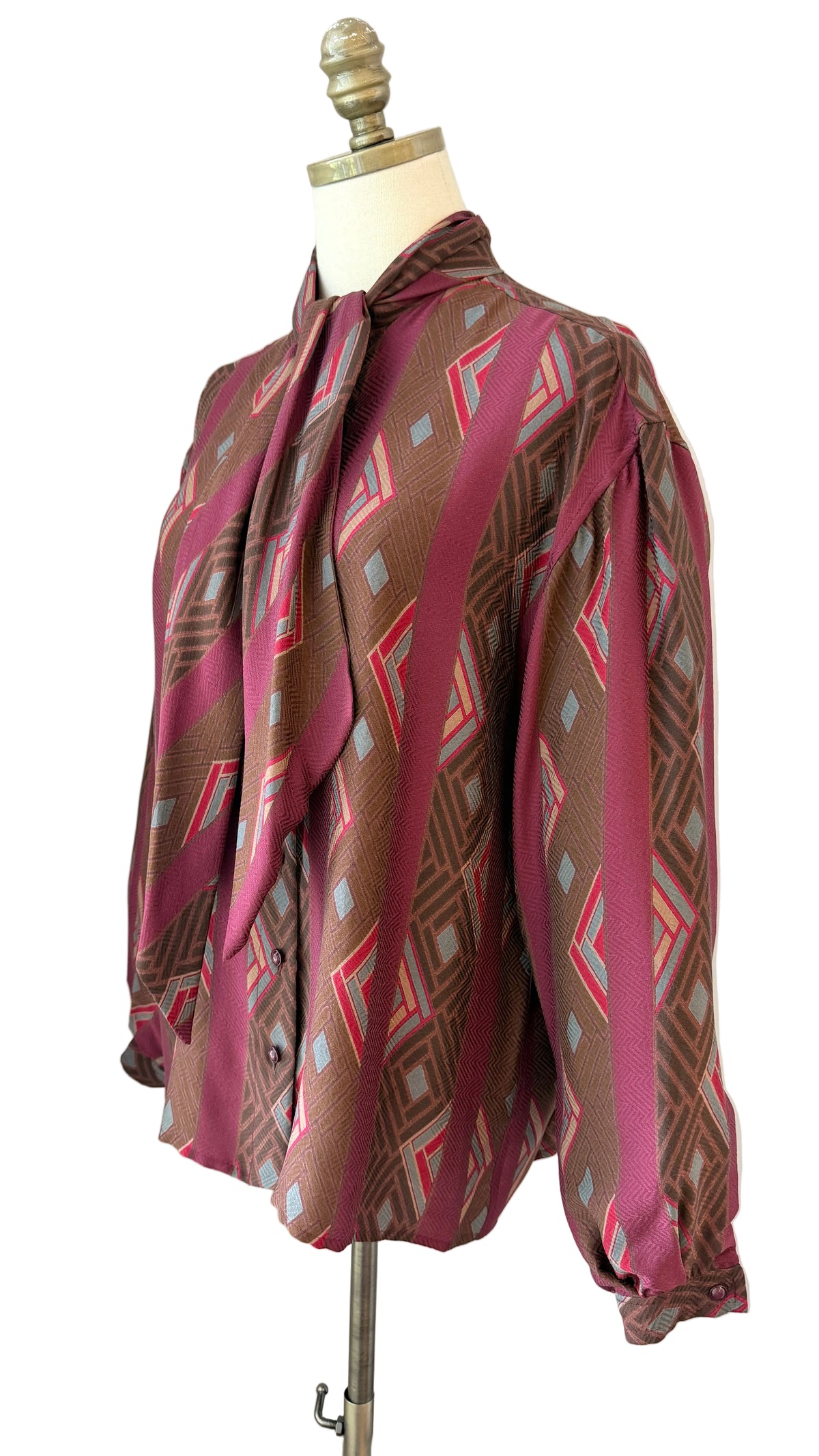 1970s Burgundy Geometric Print Silk Crepe Button-Front Blouse with Neck Tie