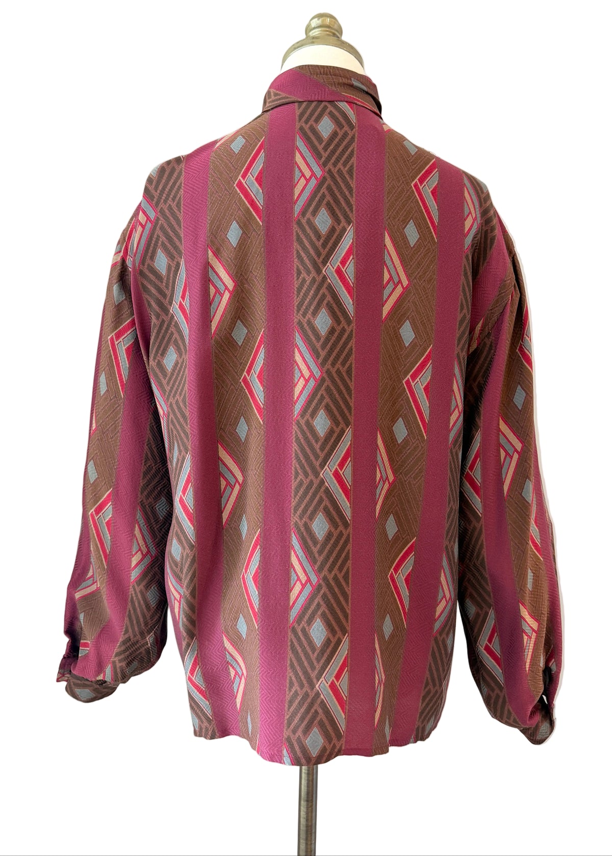 1970s Burgundy Geometric Print Silk Crepe Button-Front Blouse with Neck Tie