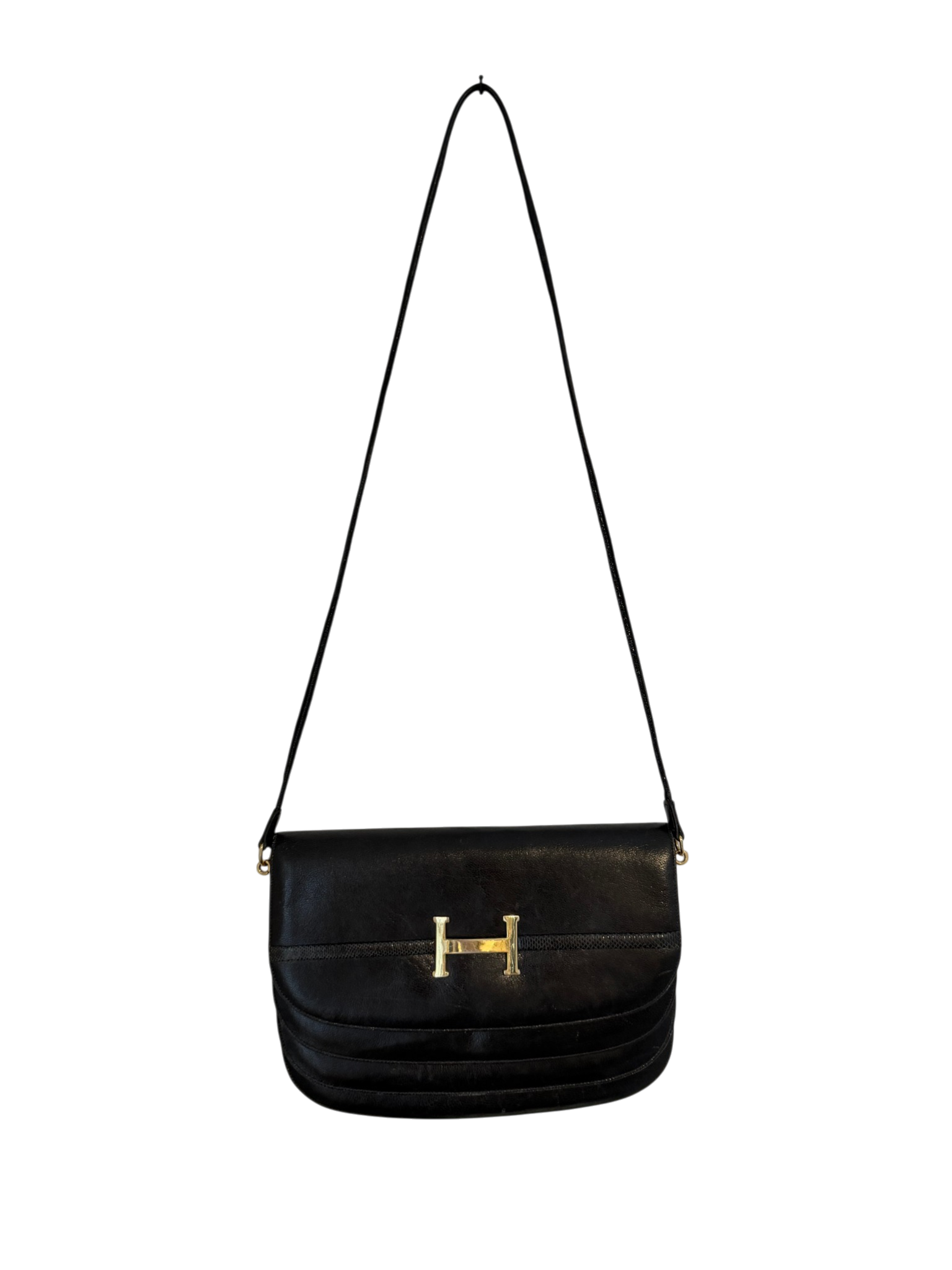 1980s Finesse LaModel Black Leather Flap-Top Purse with Gold H Detail