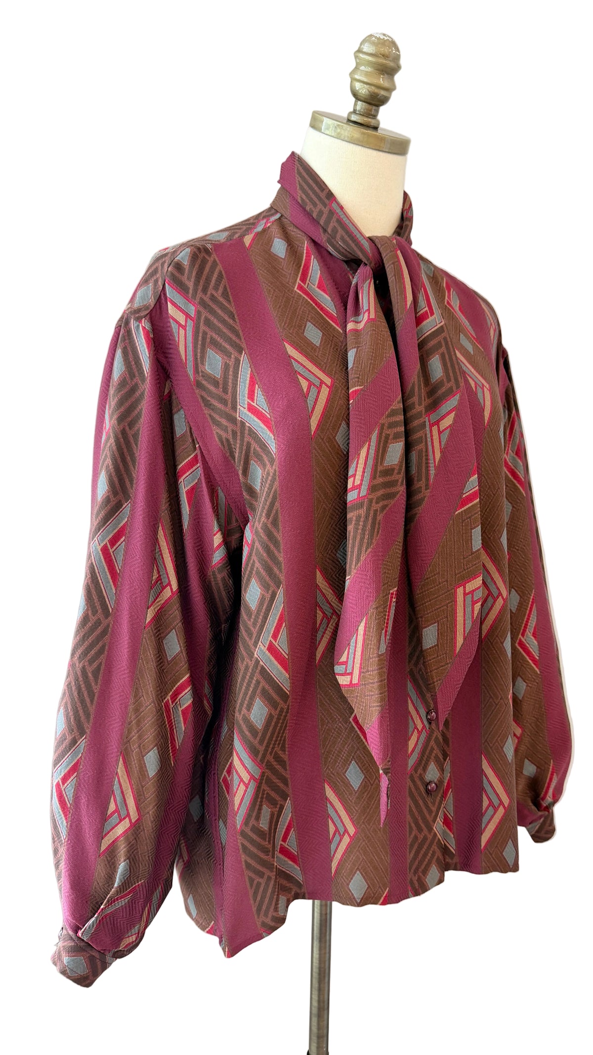 1970s Burgundy Geometric Print Silk Crepe Button-Front Blouse with Neck Tie