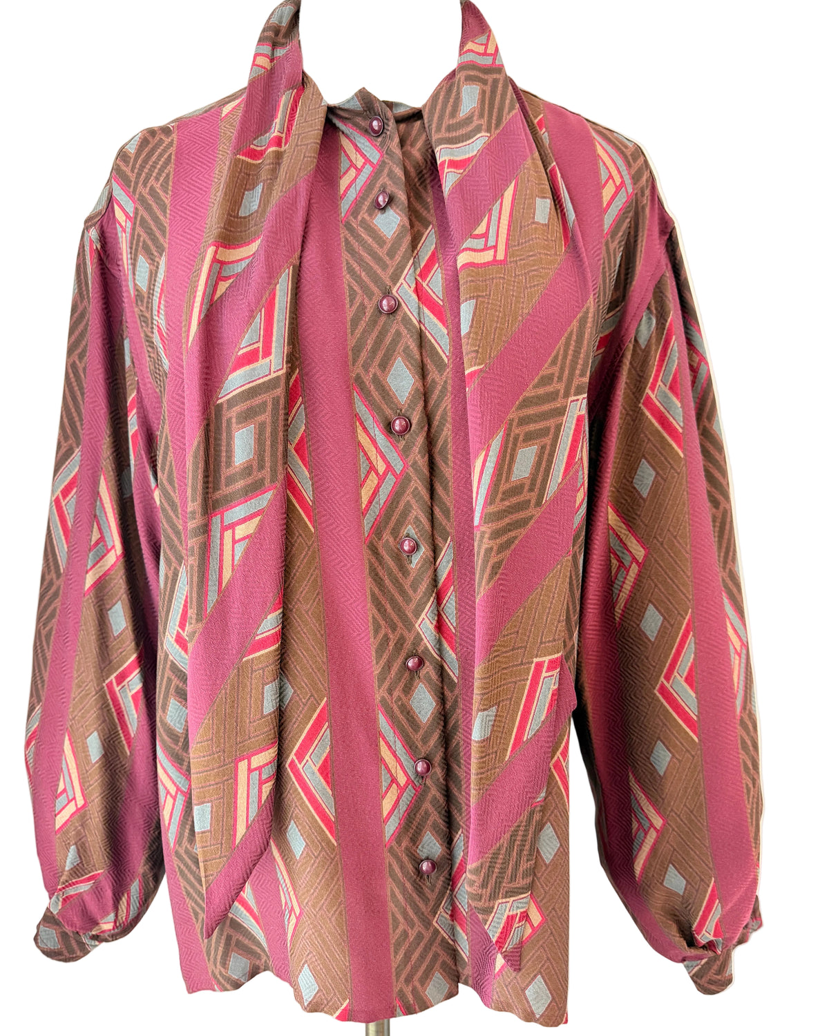1970s Burgundy Geometric Print Silk Crepe Button-Front Blouse with Neck Tie