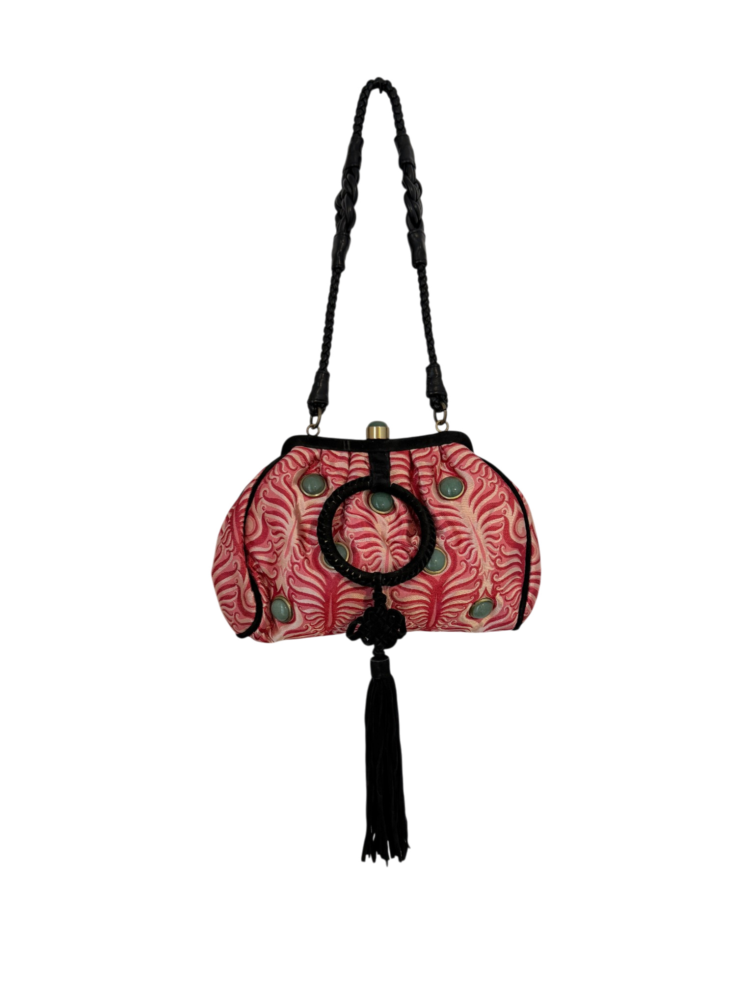 1990s Shanghai Tang Brocade Purse with Genuine Jade Cabochon and Tassel Detail