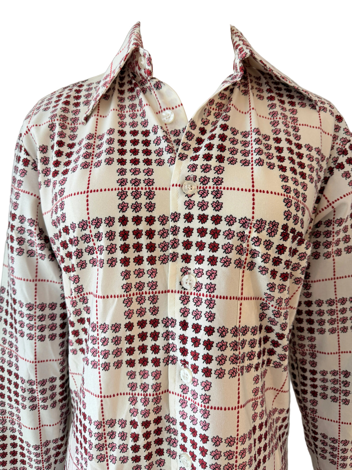 1970s Red & Pink Leaf Plaid Print Button-Front Blouse with Dagger Collar