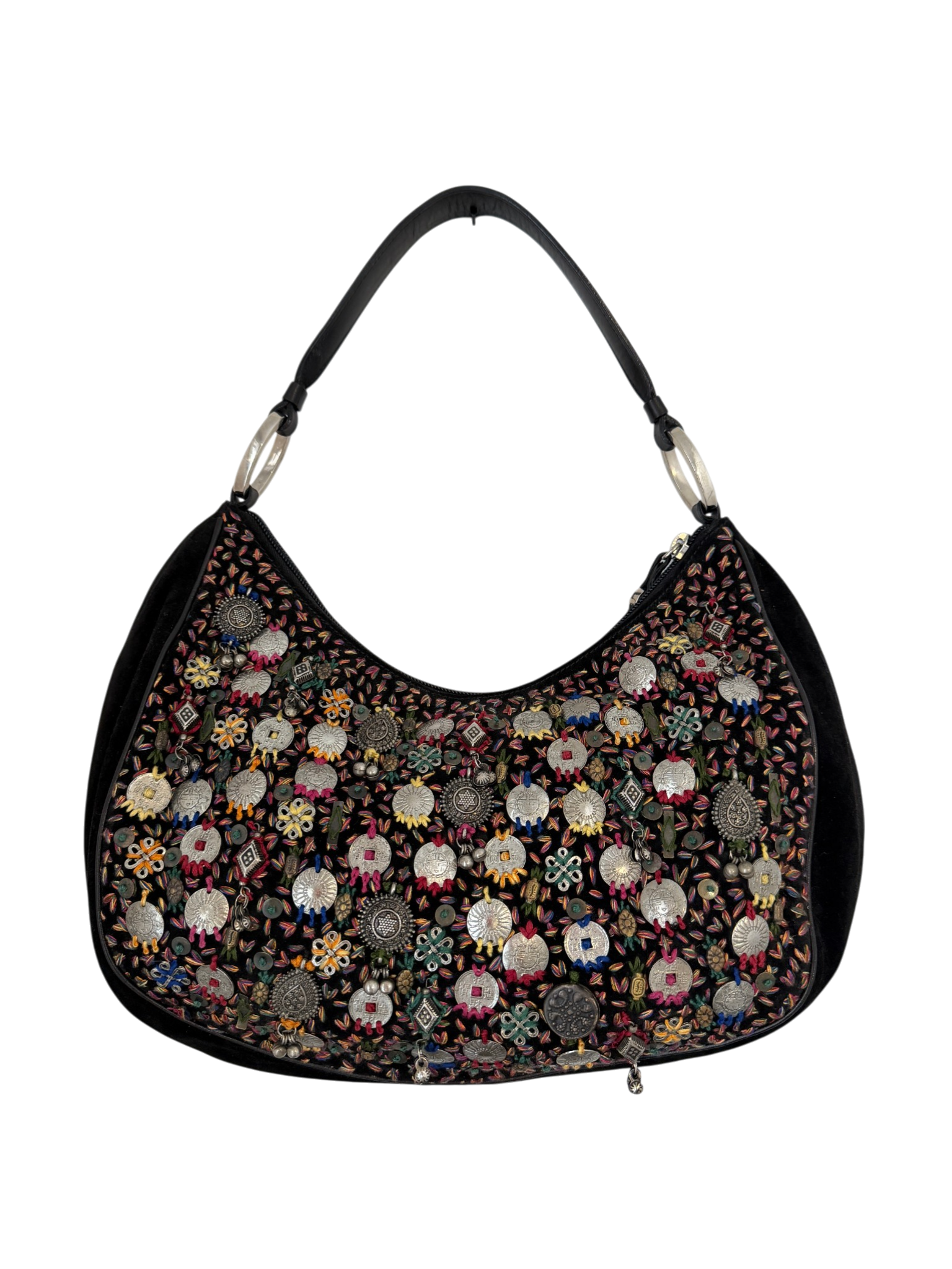 1990s Oscar de la Renta Black Suede Hobo Bag with Charm and Embellishment Detail