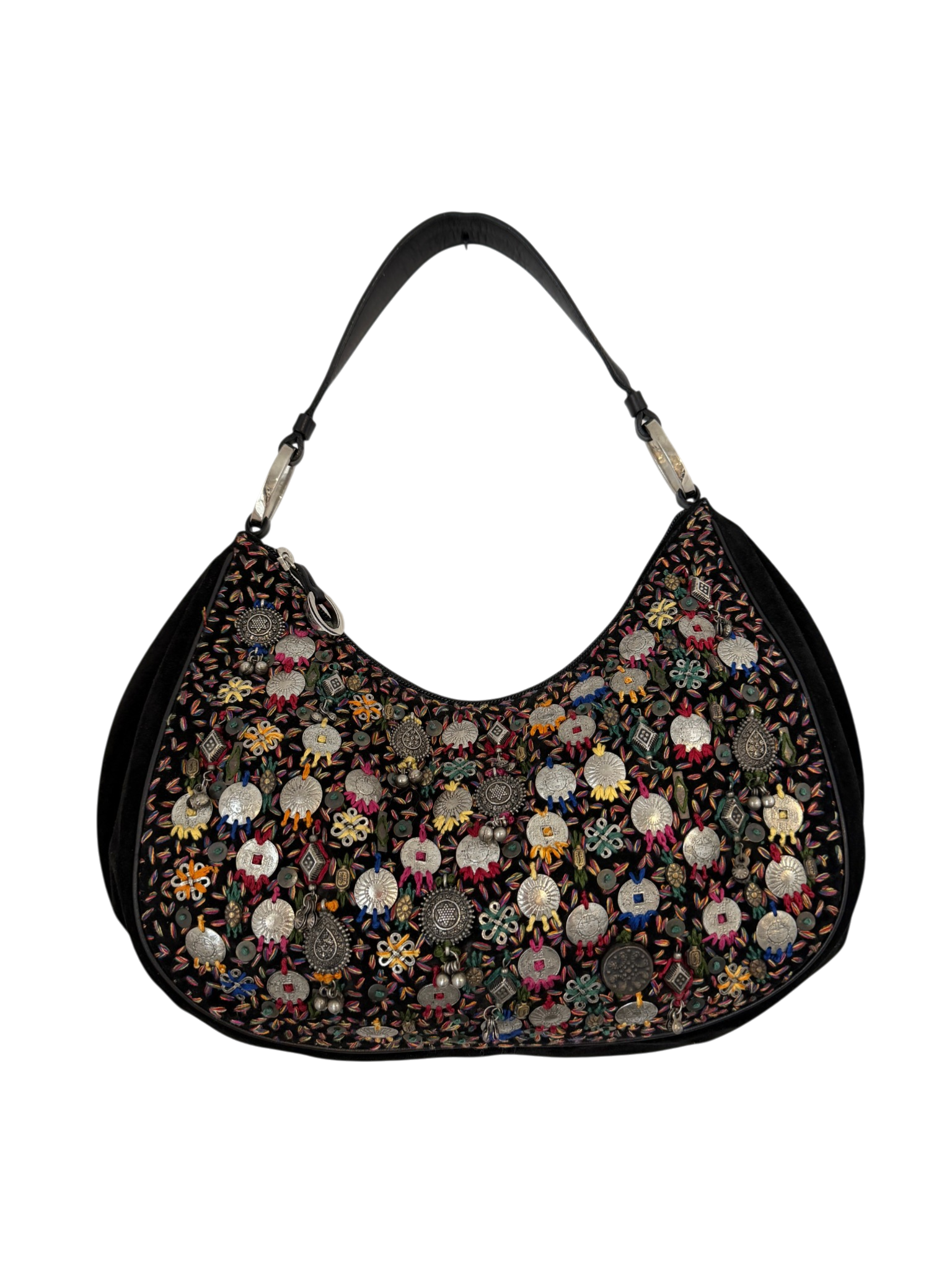 1990s Oscar de la Renta Black Suede Hobo Bag with Charm and Embellishment Detail