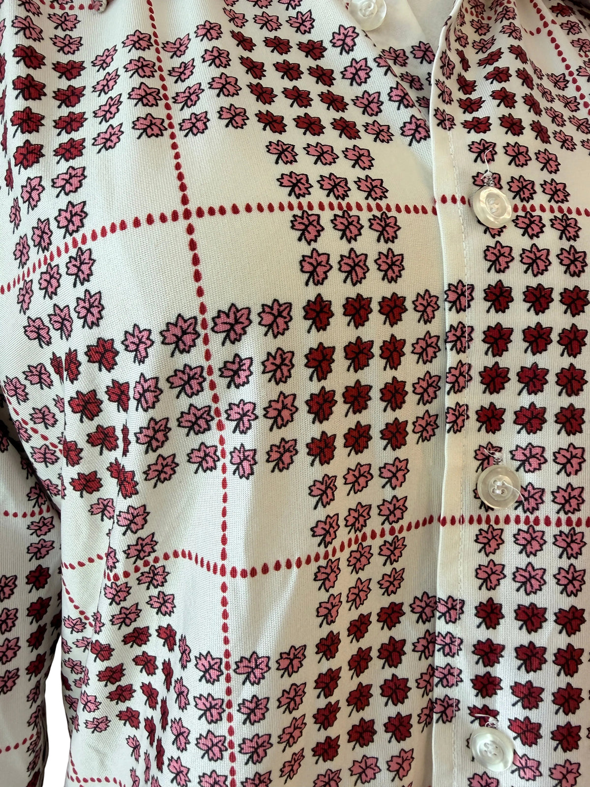 1970s Red & Pink Leaf Plaid Print Button-Front Blouse with Dagger Collar