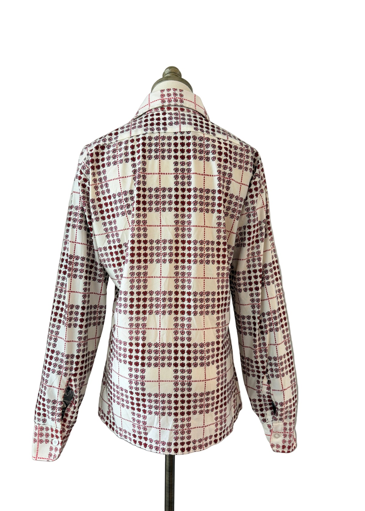 1970s Red & Pink Leaf Plaid Print Button-Front Blouse with Dagger Collar