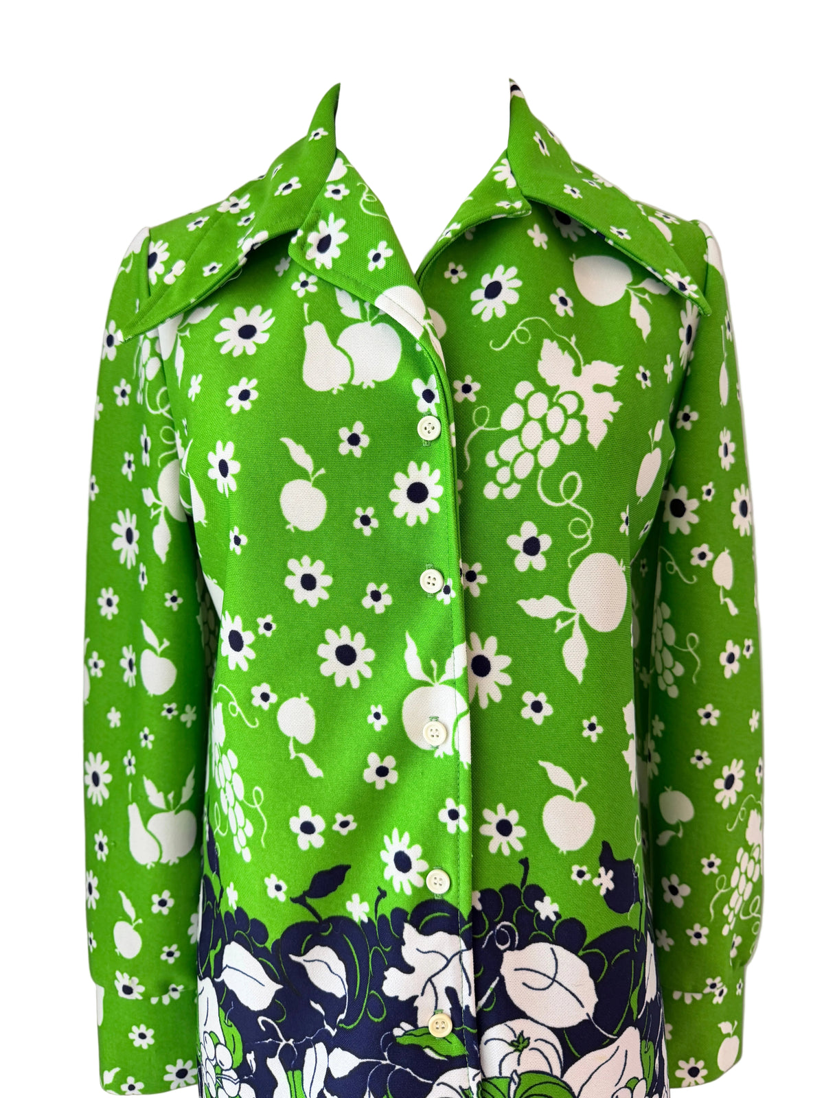 1970s Russ Daisy & Fruit Novelty Print Polyester Tunic Blouse with Dagger Collar