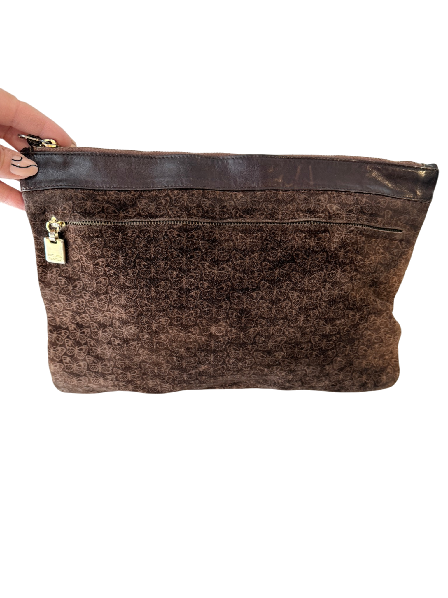 1970s Bottega Veneta Brown Suede Clutch with Butterfly Print