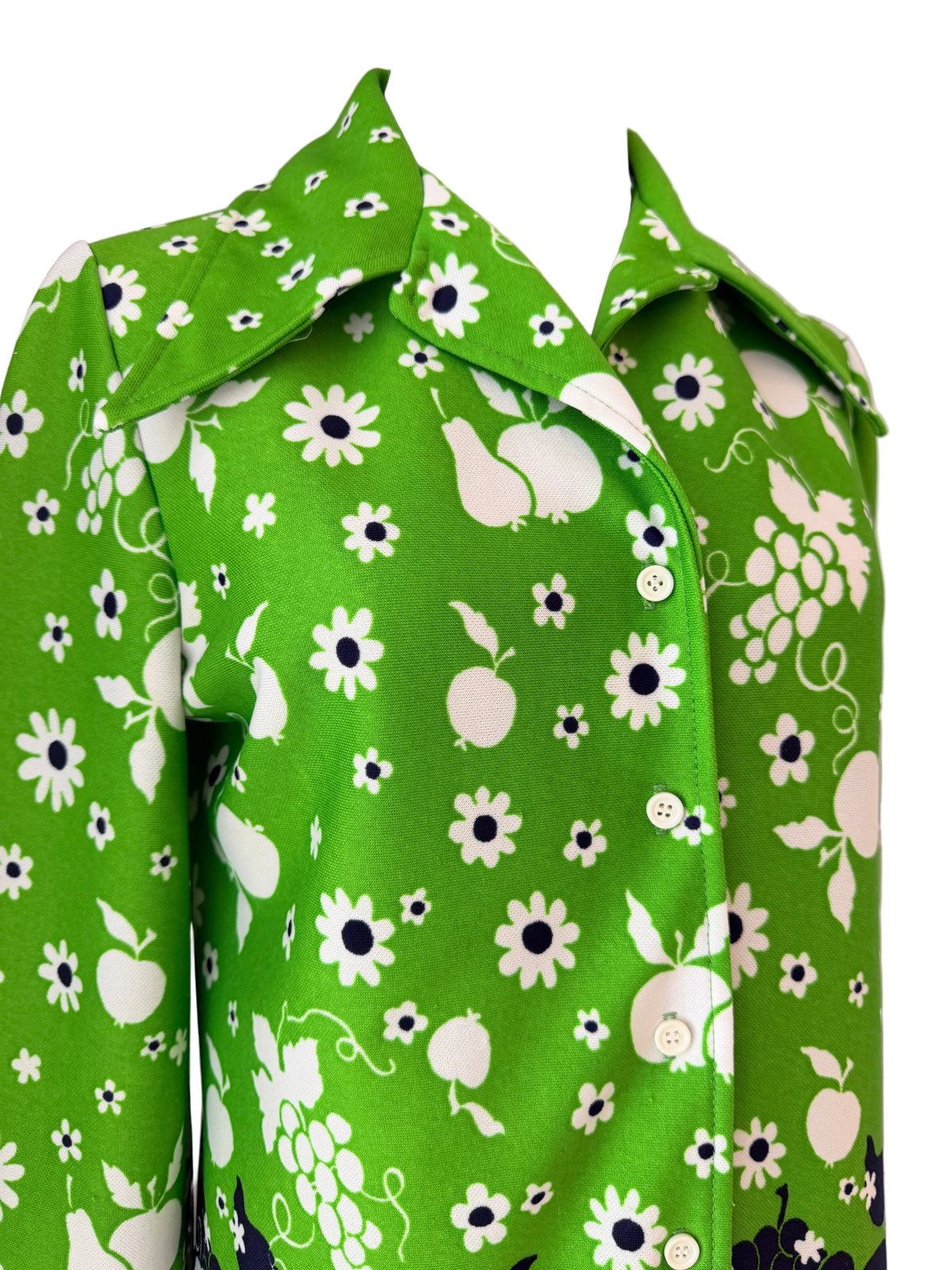 1970s Russ Daisy & Fruit Novelty Print Polyester Tunic Blouse with Dagger Collar