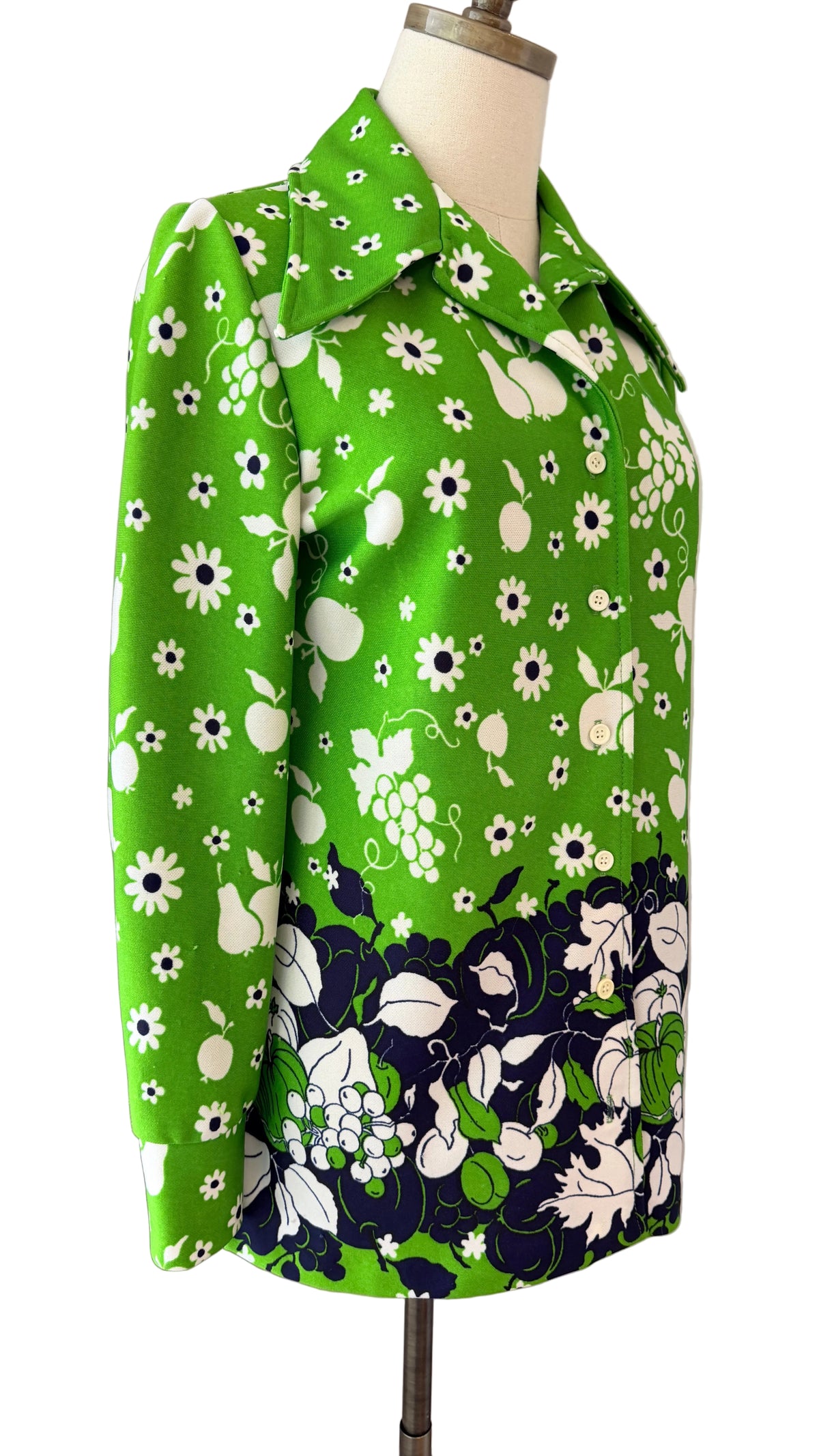 1970s Russ Daisy & Fruit Novelty Print Polyester Tunic Blouse with Dagger Collar