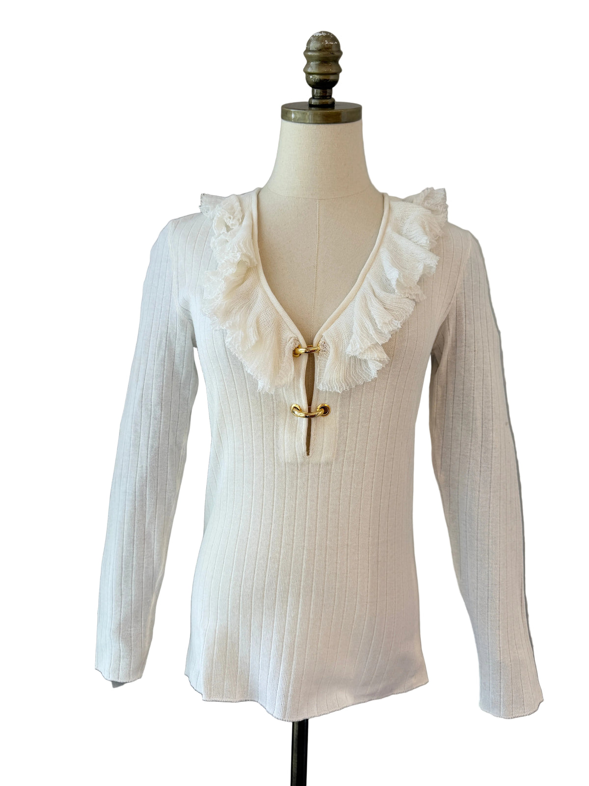 1970s Ivory Ribbed Cotton Knit Sweater with Ruffle Neckline & Gold-Tone Hinged Hoop Details