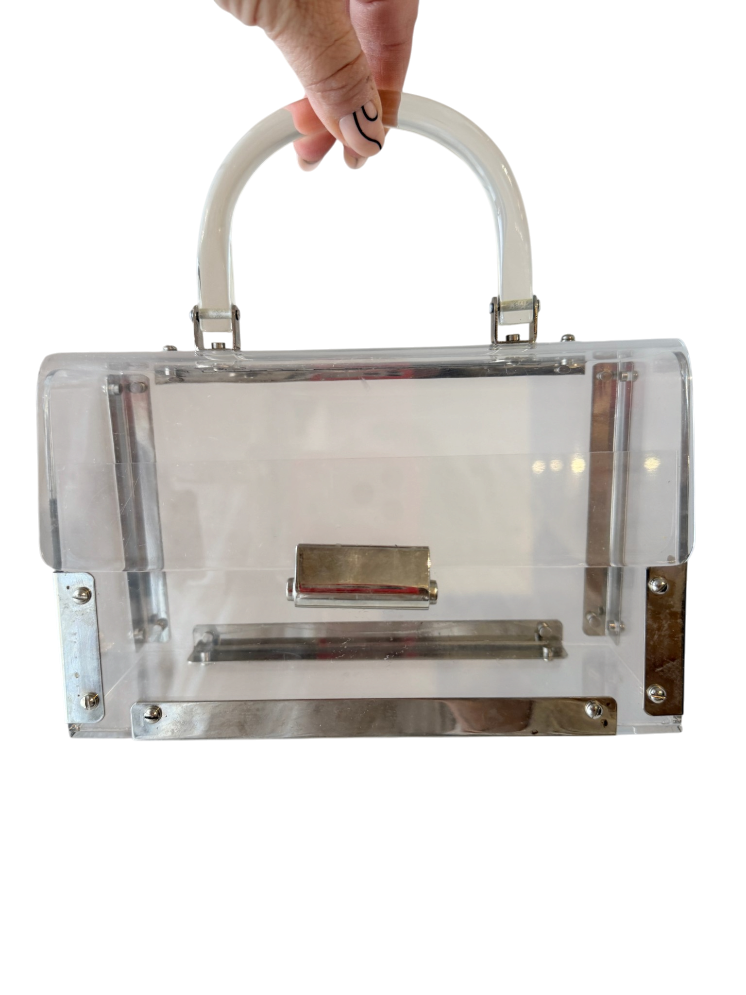 1960s Clear Lucite Box Purse with Silver Trim and Hinged Top