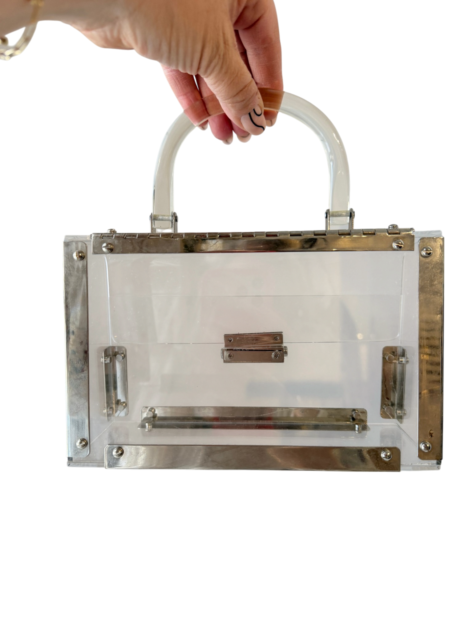1960s Clear Lucite Box Purse with Silver Trim and Hinged Top