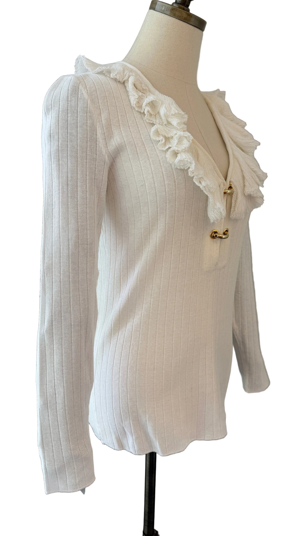 1970s Ivory Ribbed Cotton Knit Sweater with Ruffle Neckline & Gold-Tone Hinged Hoop Details