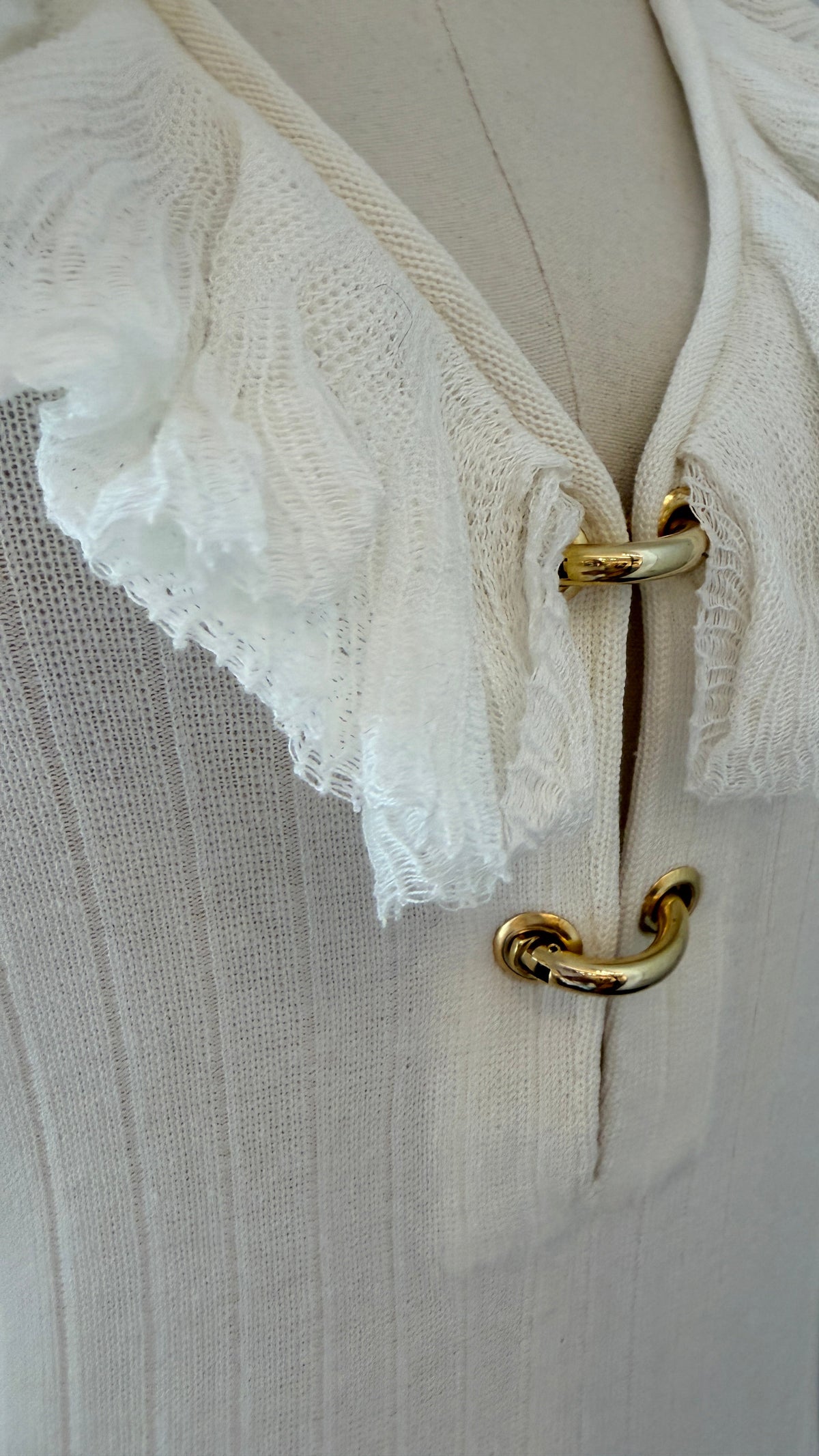 1970s Ivory Ribbed Cotton Knit Sweater with Ruffle Neckline & Gold-Tone Hinged Hoop Details