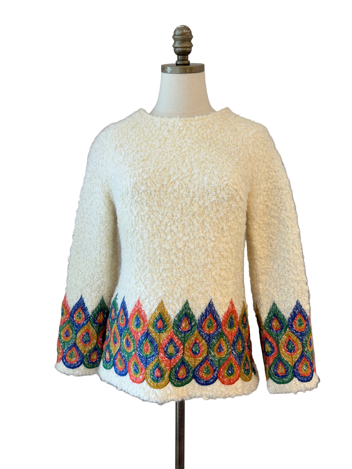 Rare 1960s Loomtogs Fuzzy Knit Tunic with Peacock Feather Embroidery & Back Zipper