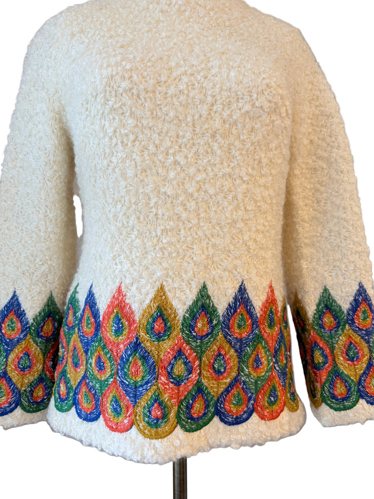 Rare 1960s Loomtogs Fuzzy Knit Tunic with Peacock Feather Embroidery & Back Zipper