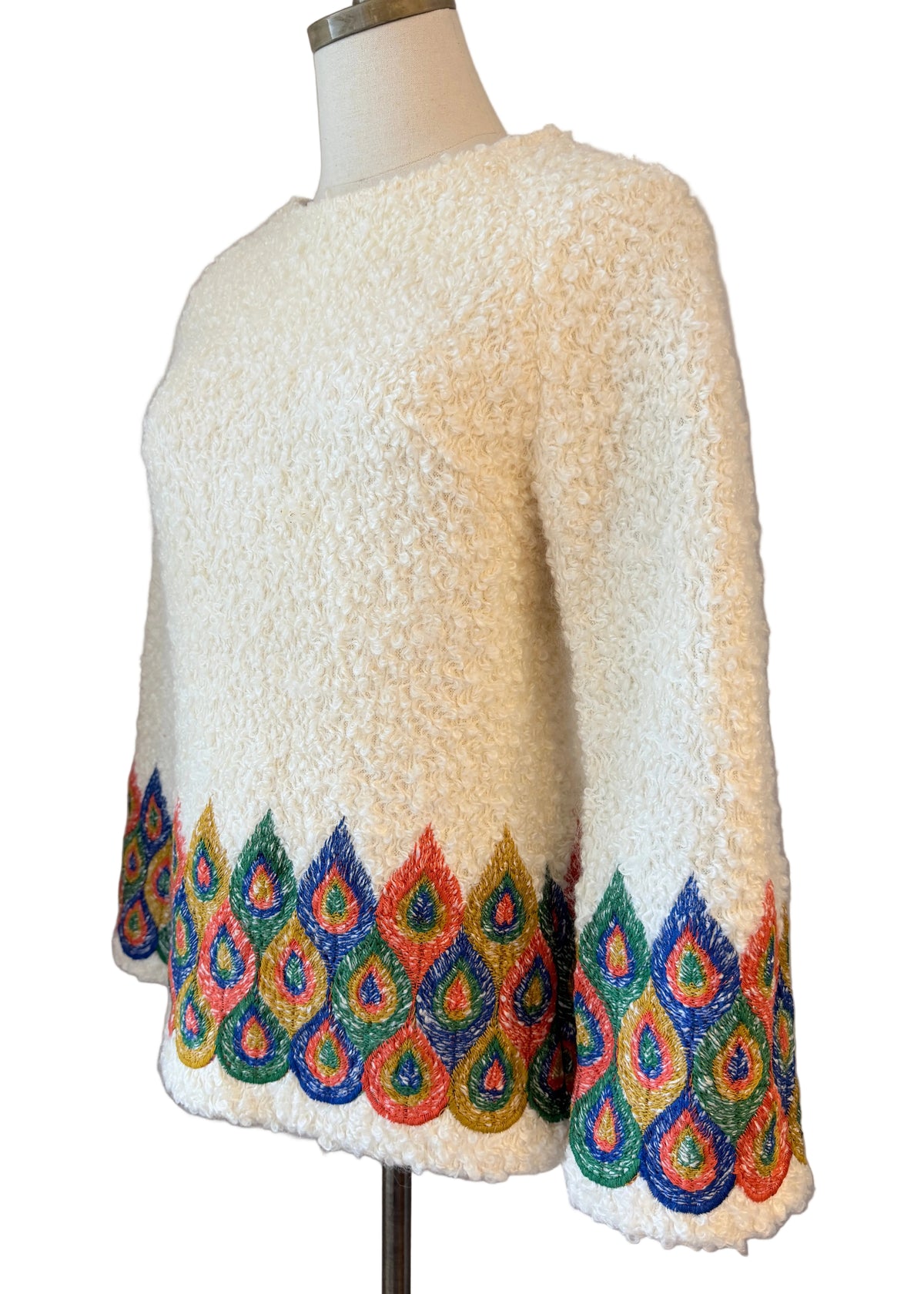 Rare 1960s Loomtogs Fuzzy Knit Tunic with Peacock Feather Embroidery & Back Zipper