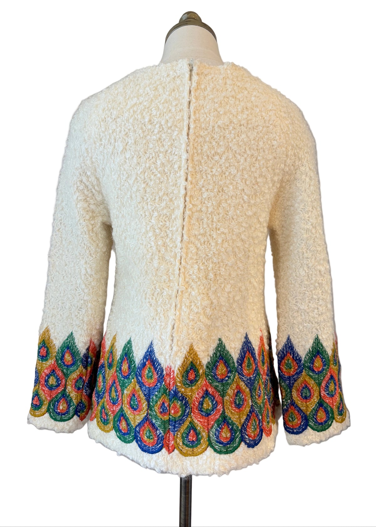 Rare 1960s Loomtogs Fuzzy Knit Tunic with Peacock Feather Embroidery & Back Zipper
