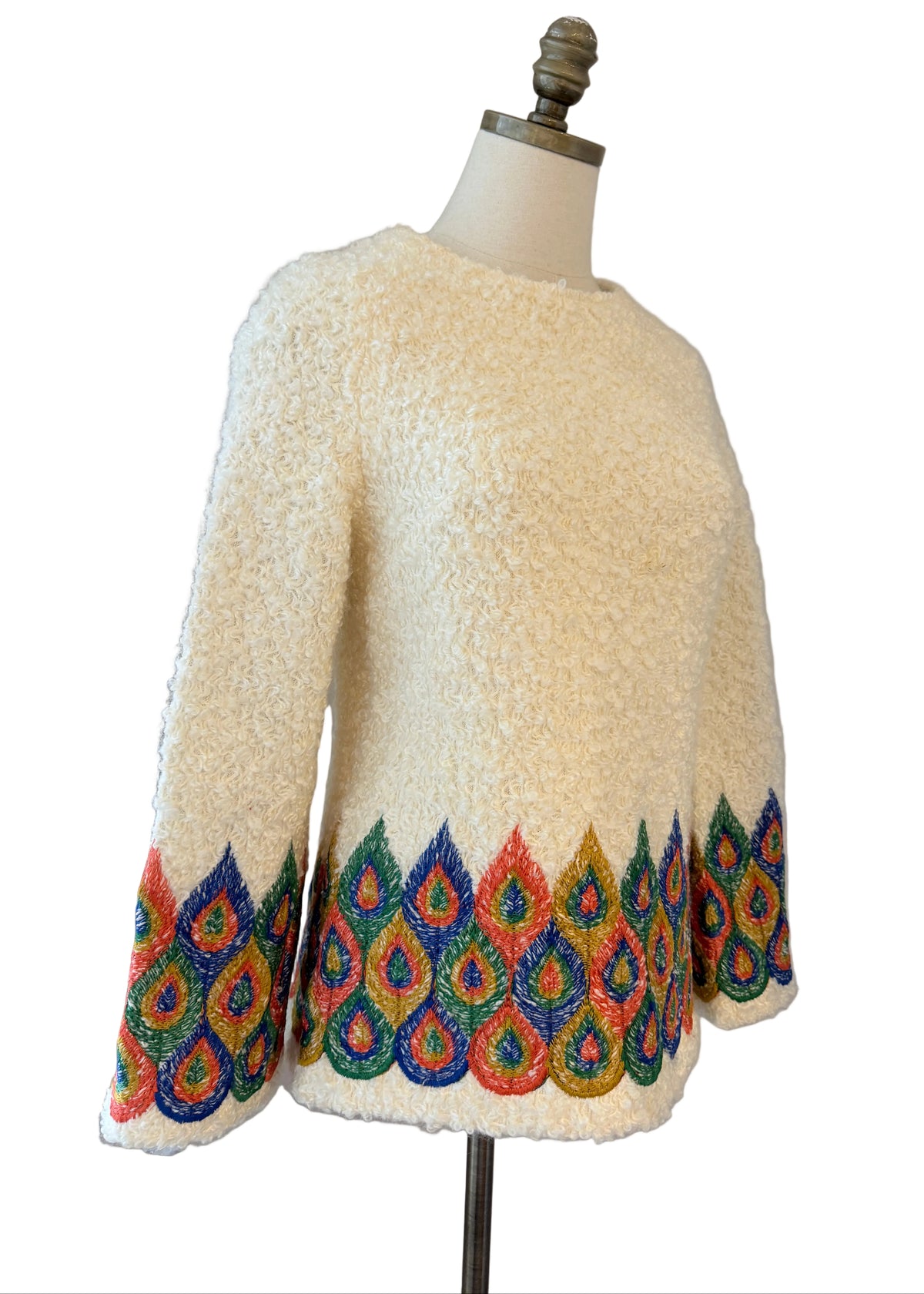 Rare 1960s Loomtogs Fuzzy Knit Tunic with Peacock Feather Embroidery & Back Zipper