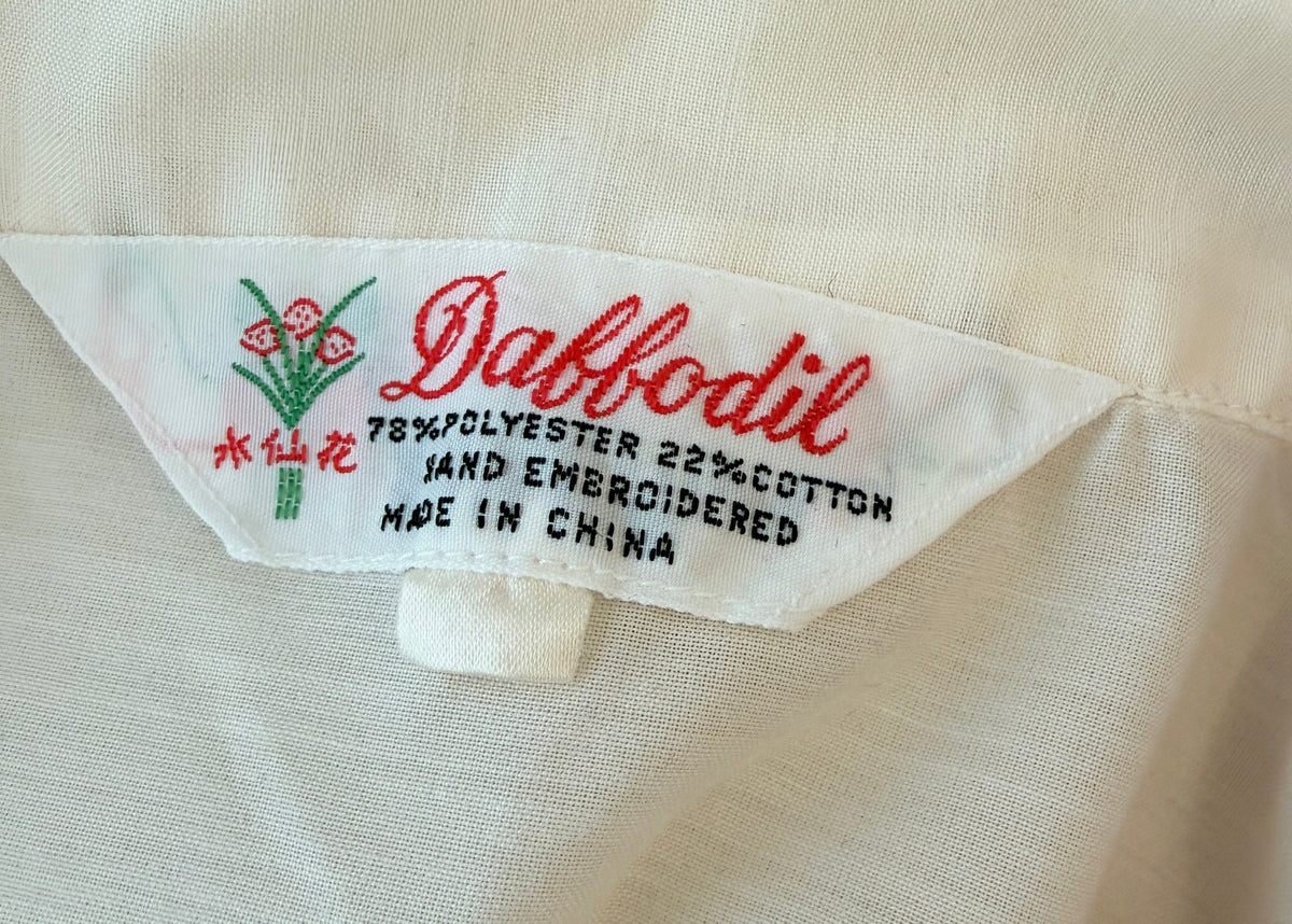 1960s Daffodil Ivory Hand-Embroidered Short-Sleeve Button-Front Top