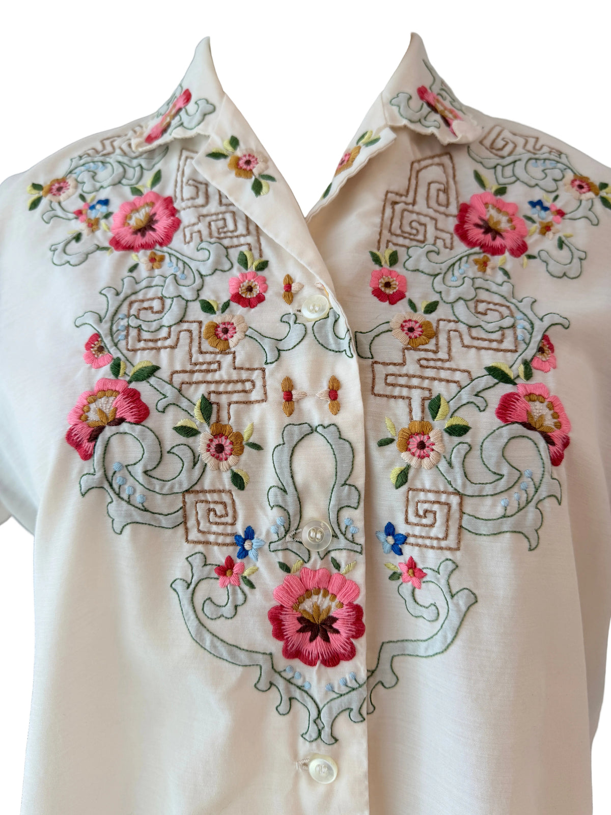 1960s Daffodil Ivory Hand-Embroidered Short-Sleeve Button-Front Top