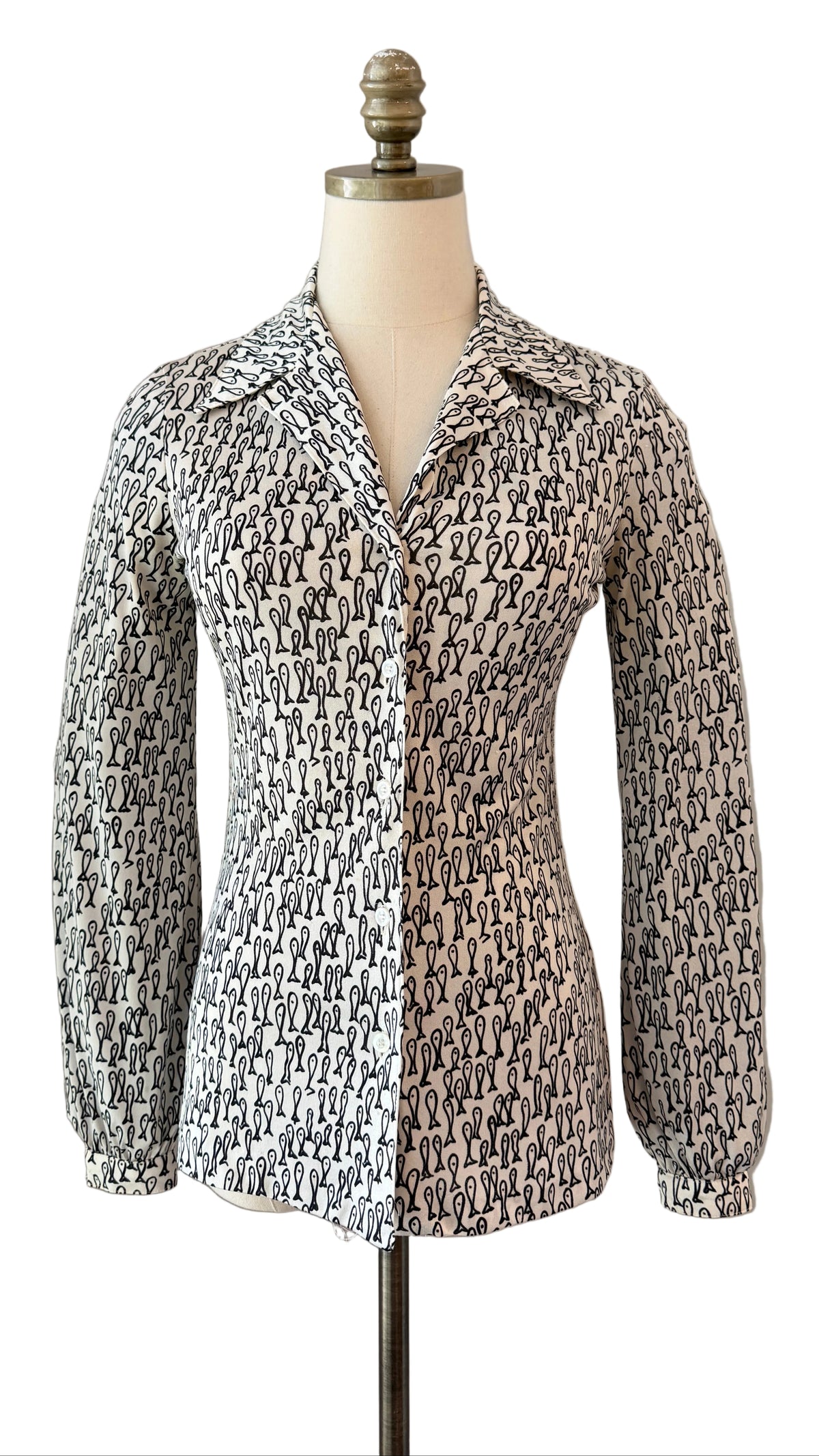 1970s Halston VI Silk Black Fish Print Button-Front Blouse with Dagger Collar & Matching Belt