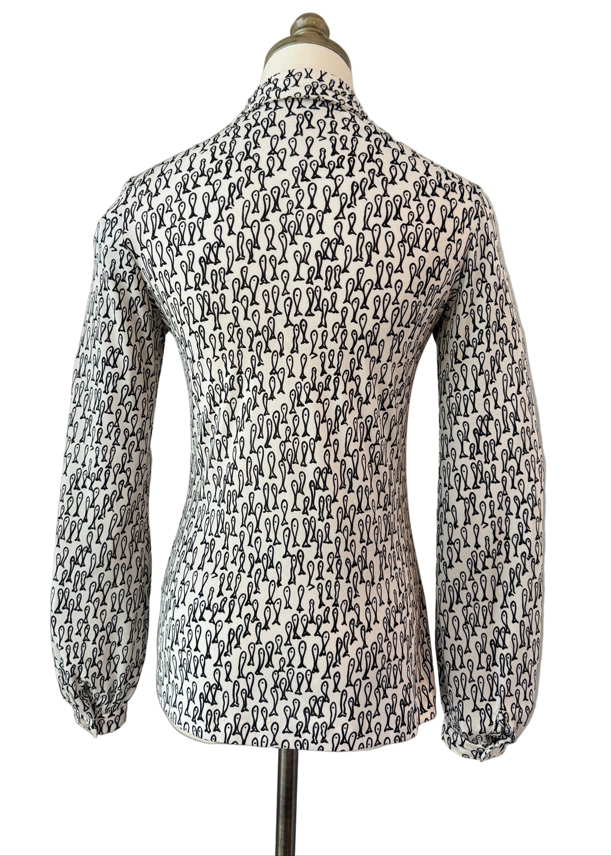 1970s Halston VI Silk Black Fish Print Button-Front Blouse with Dagger Collar & Matching Belt