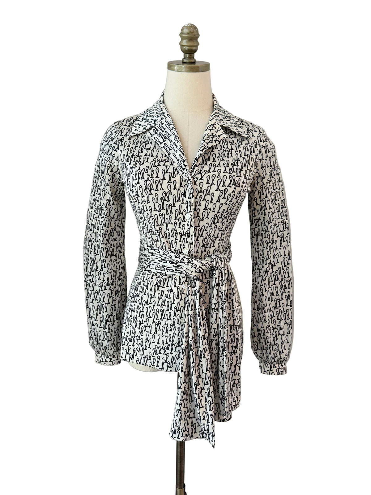 1970s Halston VI Silk Black Fish Print Button-Front Blouse with Dagger Collar & Matching Belt