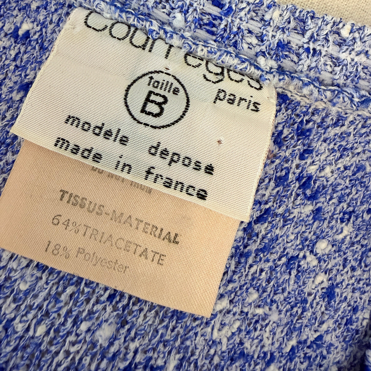 1970s Courrèges Blue & White Speckled Knit Sweater with Square Neckline, Shoulder Buttons & Embroidered Logo