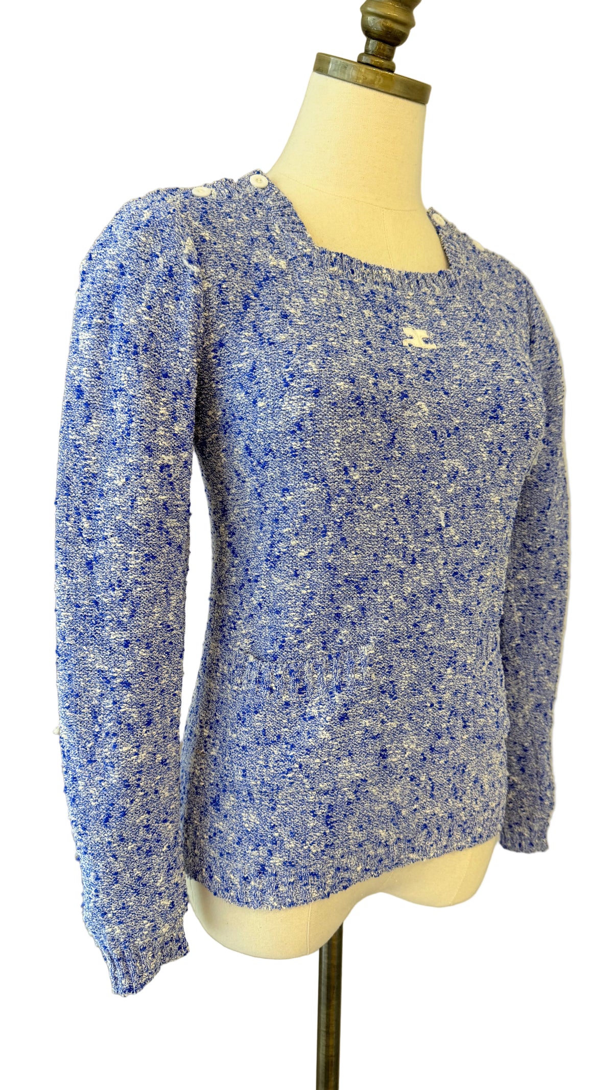 1970s Courrèges Blue & White Speckled Knit Sweater with Square Neckline, Shoulder Buttons & Embroidered Logo